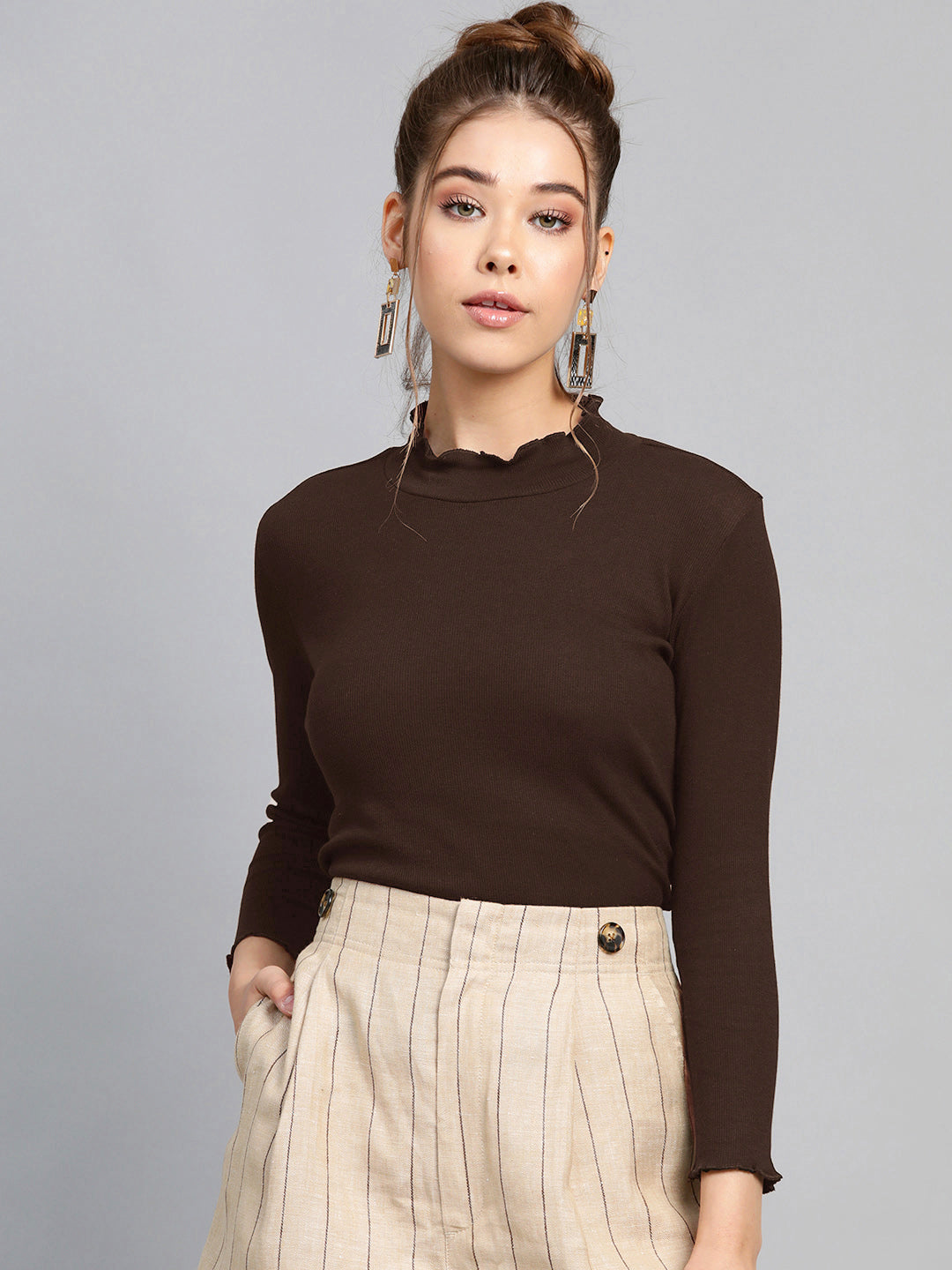 Buy Women Dark Brown Rib High Neck Full Sleeve Top Online at Best