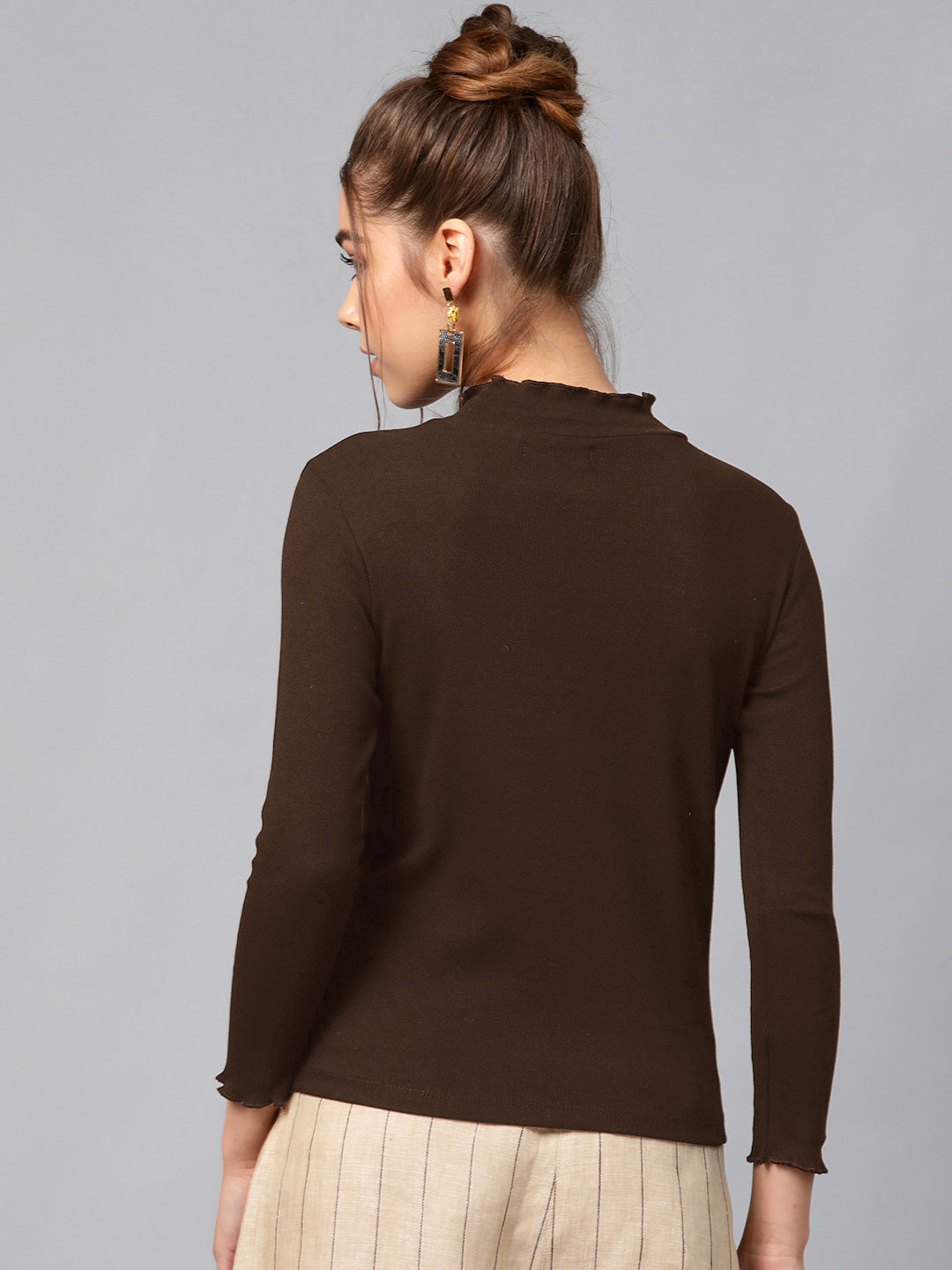Dark Brown Rib High Neck Full Sleeve Top -SASSAFRAS