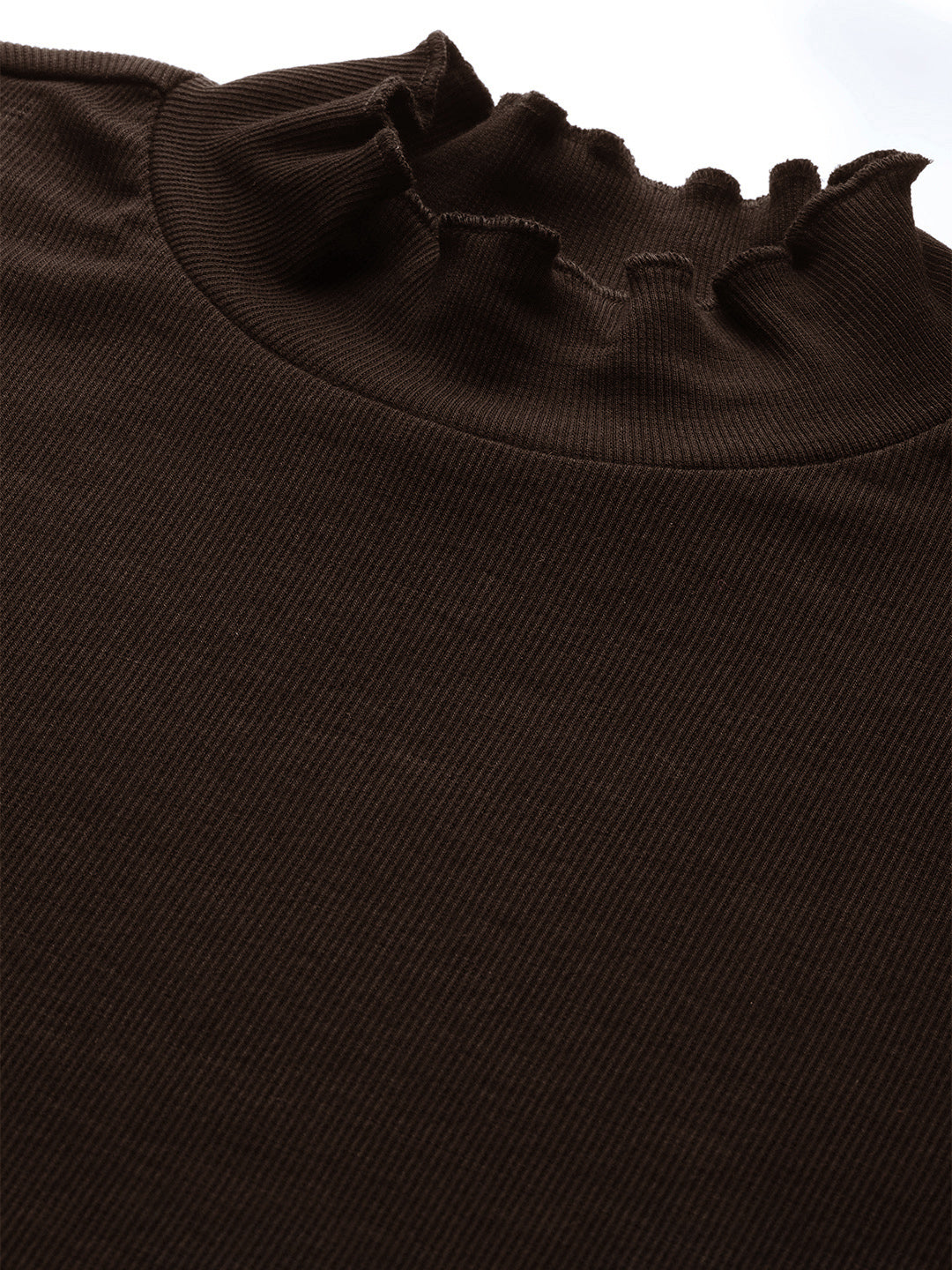 Dark Brown Rib High Neck Full Sleeve Top -SASSAFRAS