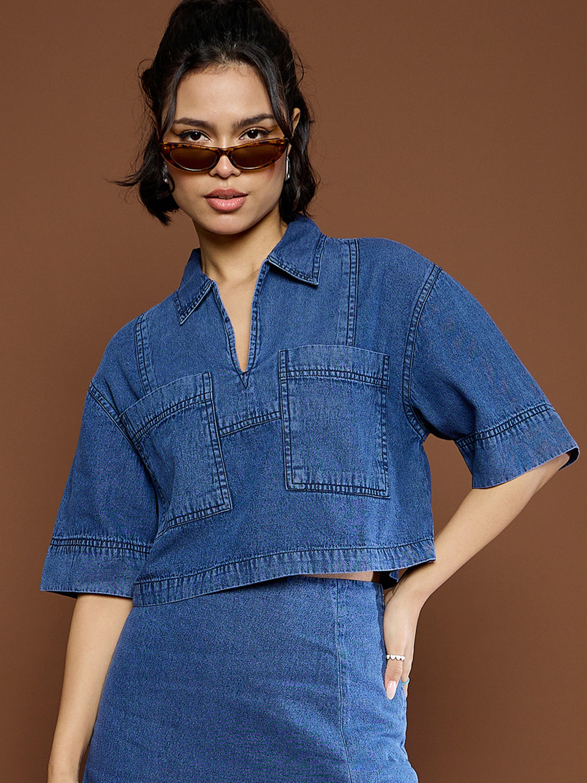 Blue Denim Patch Pocket Crop Top-SASSAFRAS