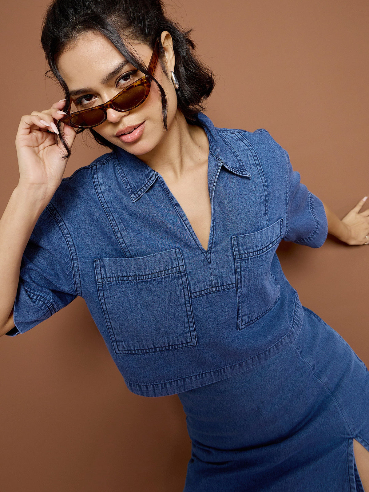 Blue Denim Patch Pocket Crop Top-SASSAFRAS