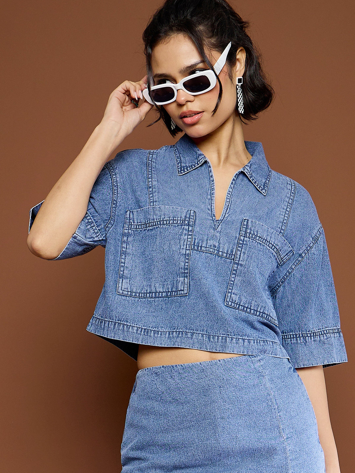 Blue Blast Denim Patch Pocket Crop Top-SASSAFRAS