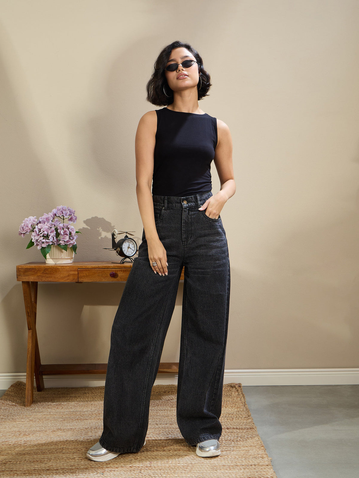 Black Jersey Sleeveless Ruched Crop Top-SASSAFRAS BASICS