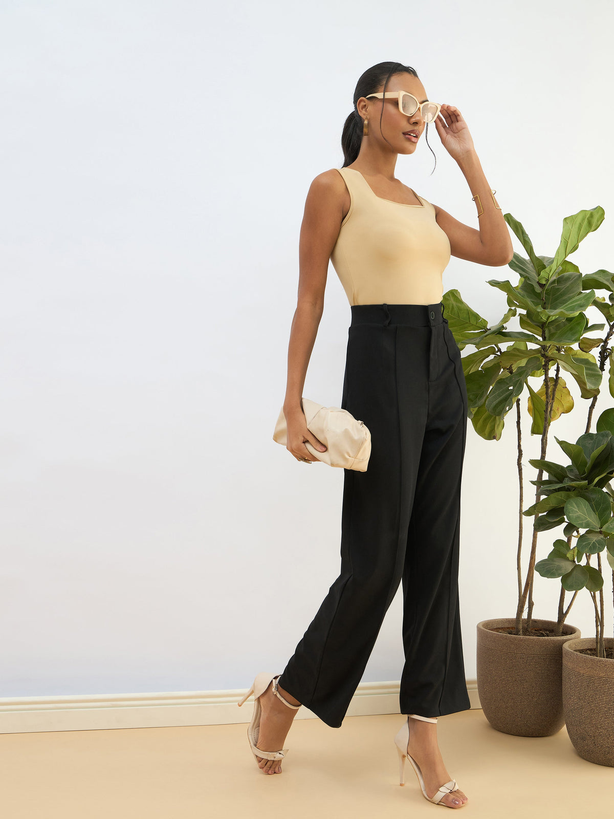 Beige Rhombus Neck Sleeveless Bodysuit-SASSAFRAS BASICS