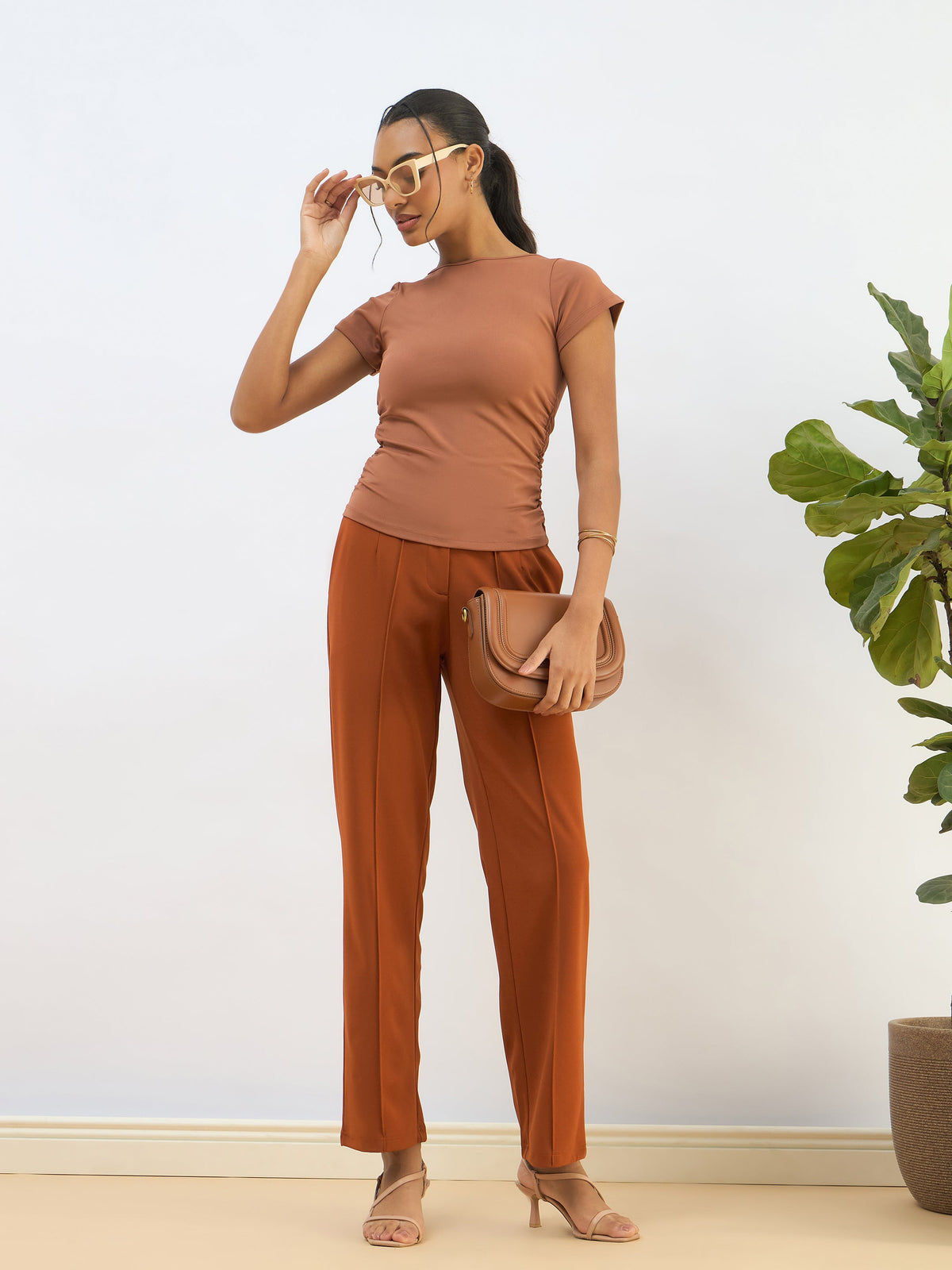 Rust Knitted Short Sleeve Ruched Crop Top-SASSAFRAS BASICS