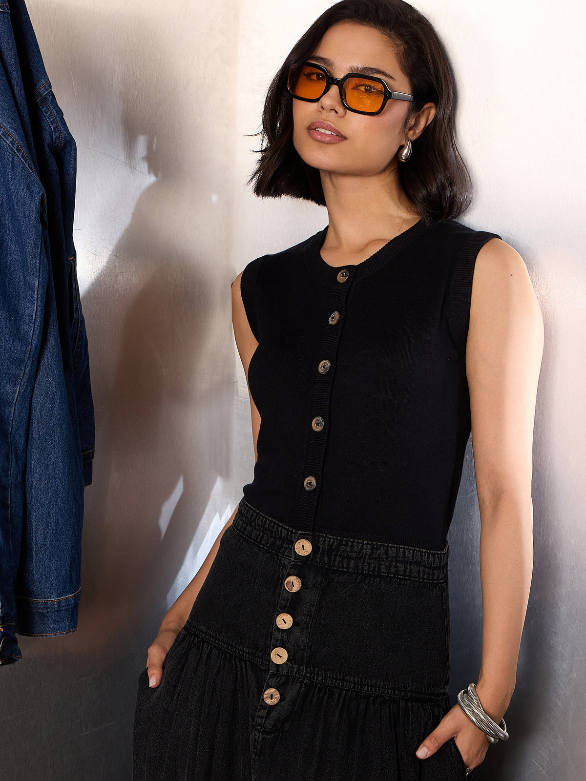 Black Kniited Round Neck Button Down Top-SASSAFRAS
