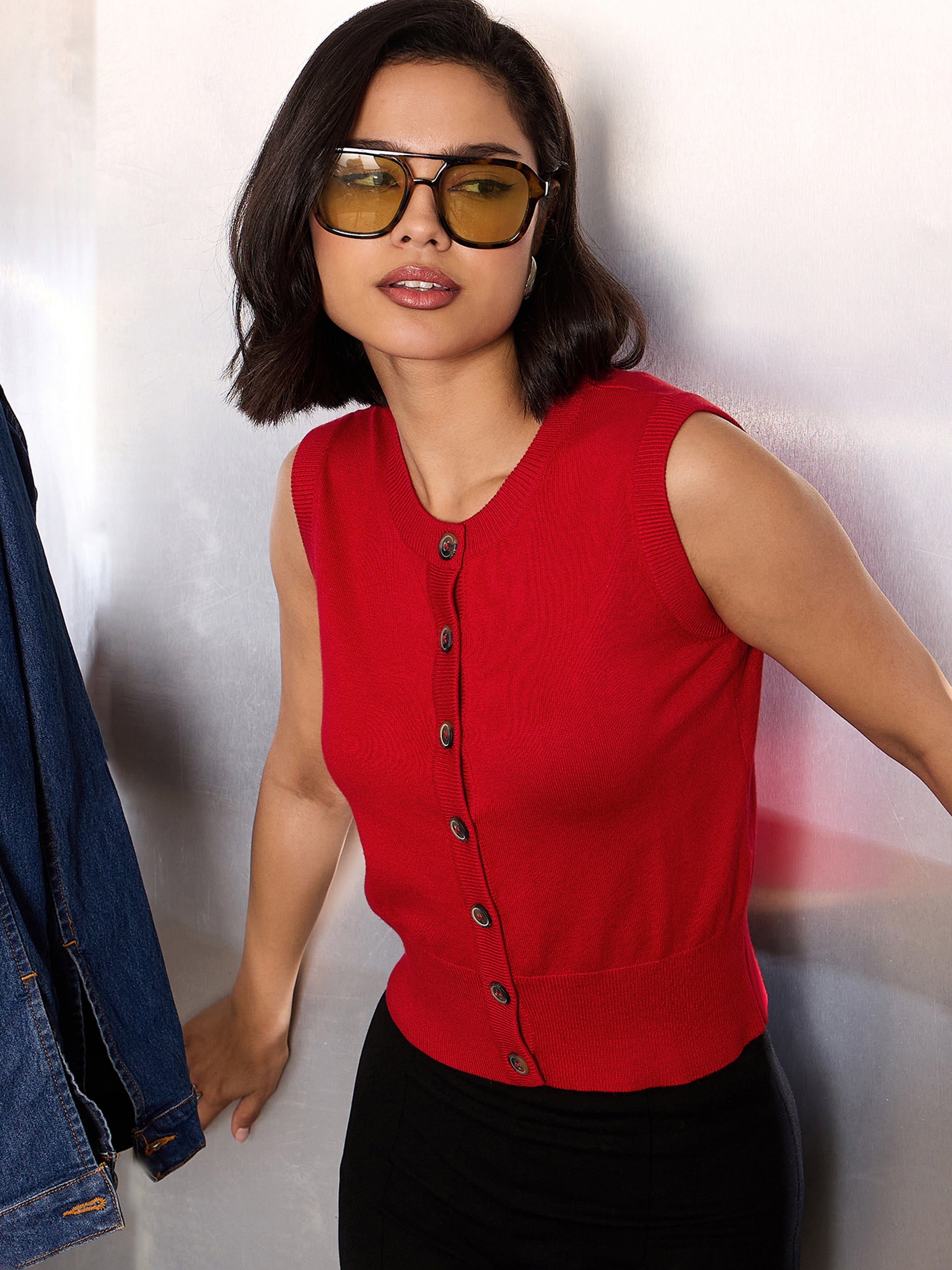 Saylor Red Button Down Knit Top