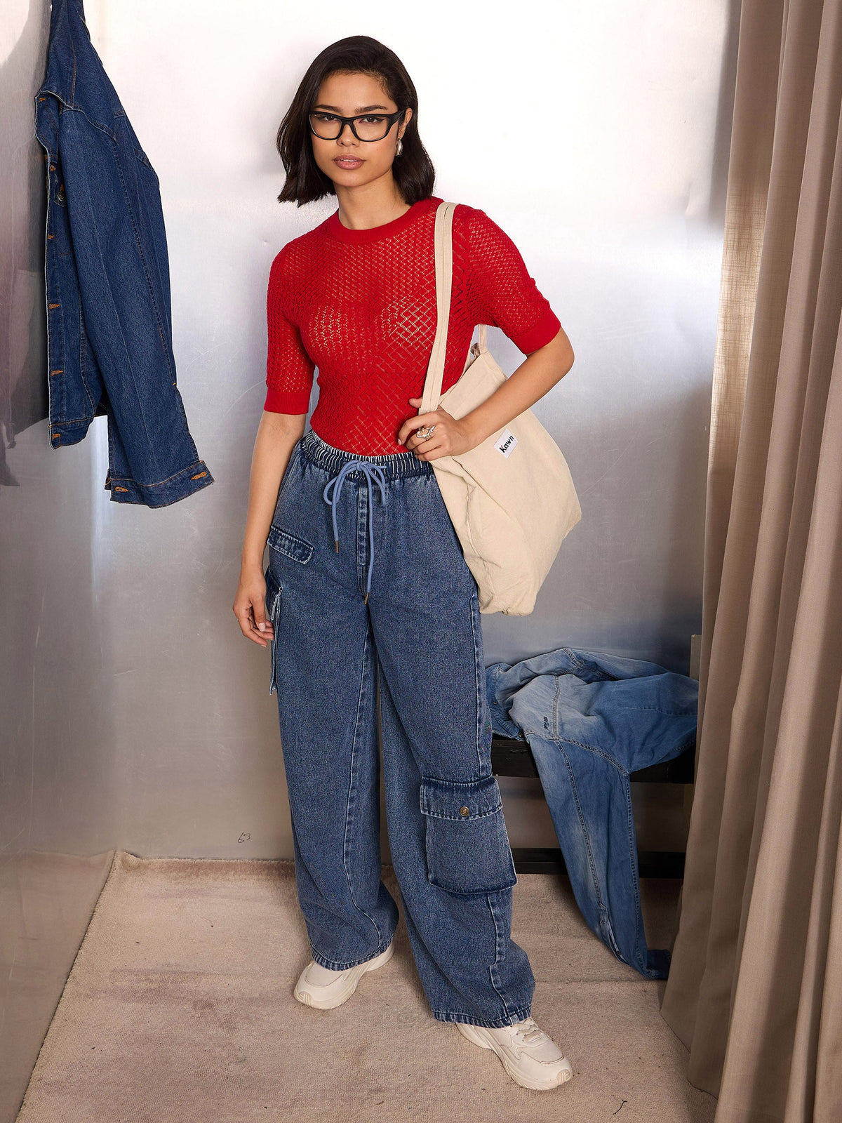 Red Crochet Round Neck Half Sleeve Top-SASSAFRAS