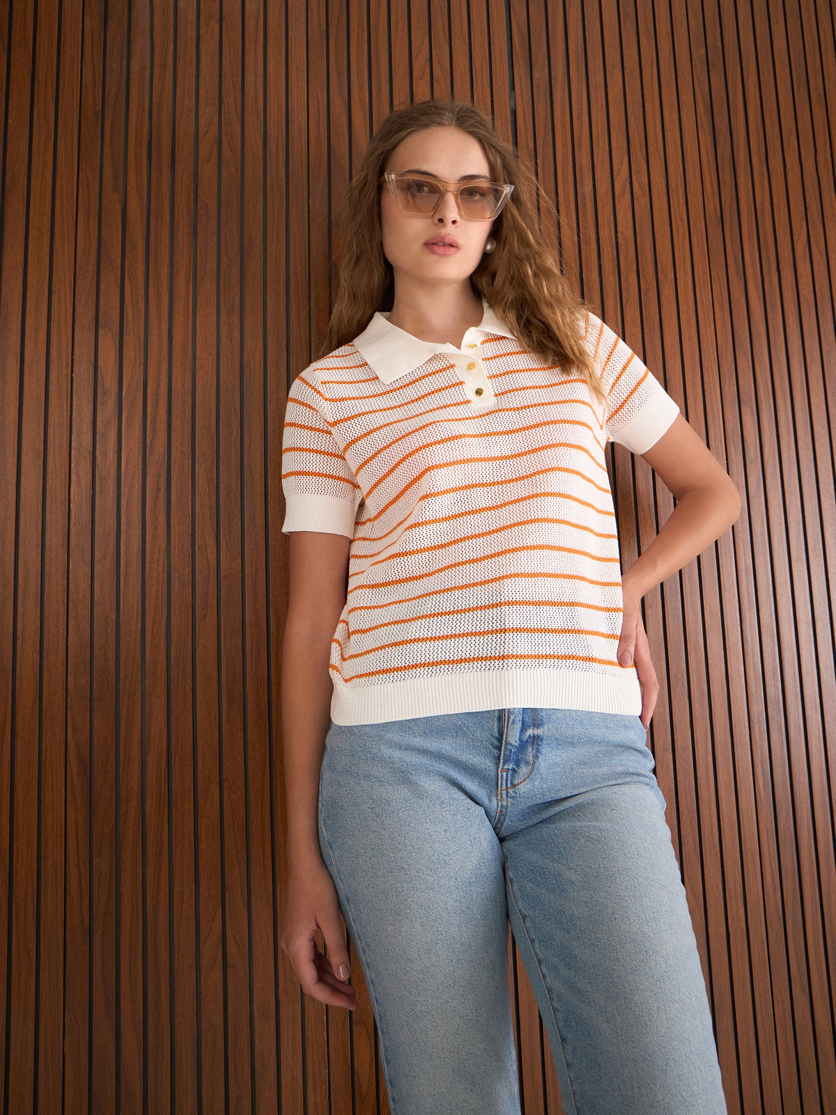 Orange & White Crochet Stripess Polo T-Shirt-SASSAFRAS