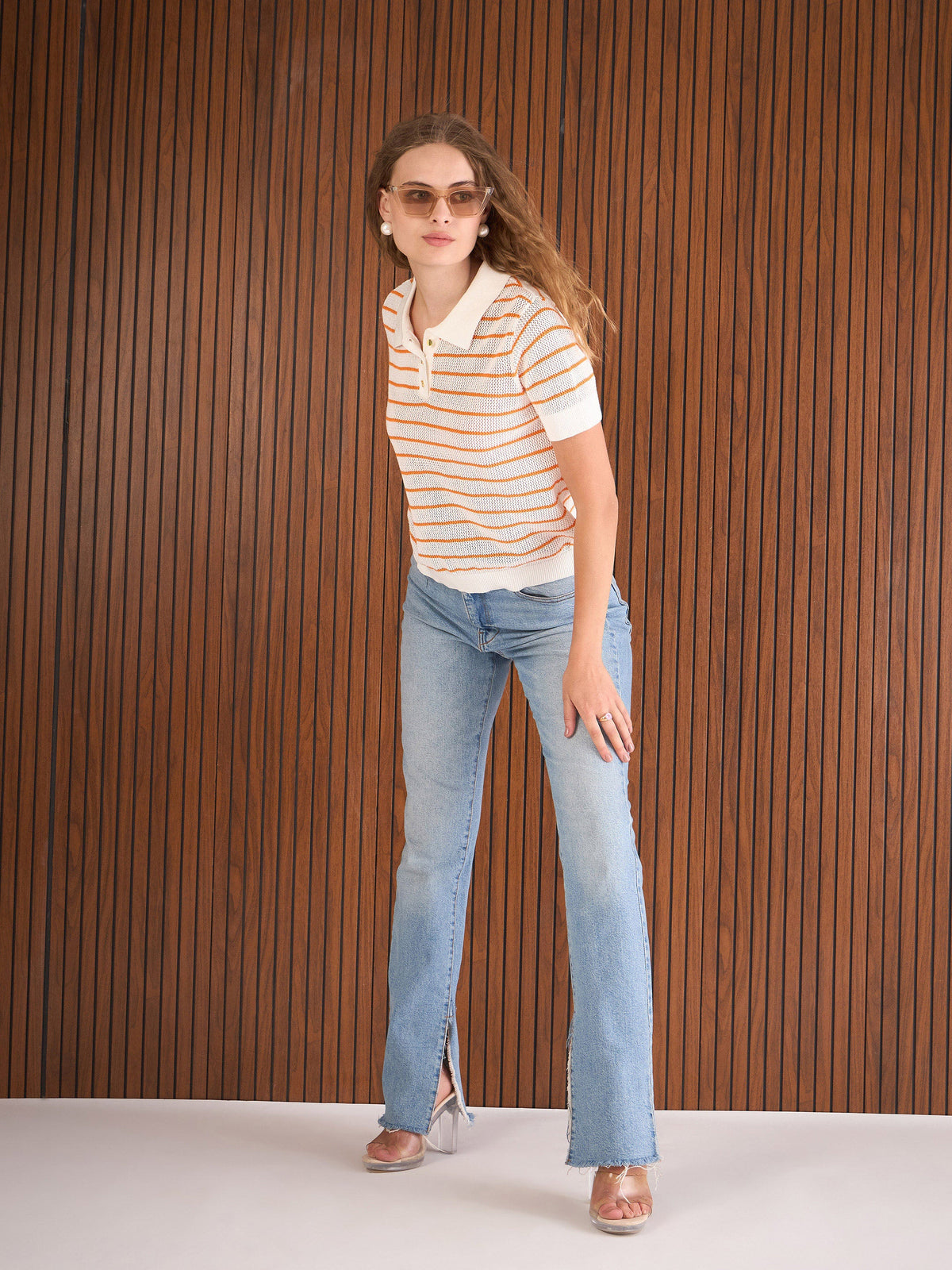 Orange & White Crochet Stripess Polo T-Shirt-SASSAFRAS