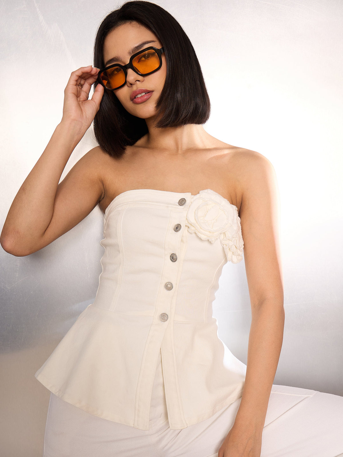 White Denim Corsage Button Down Top-SASSAFRAS