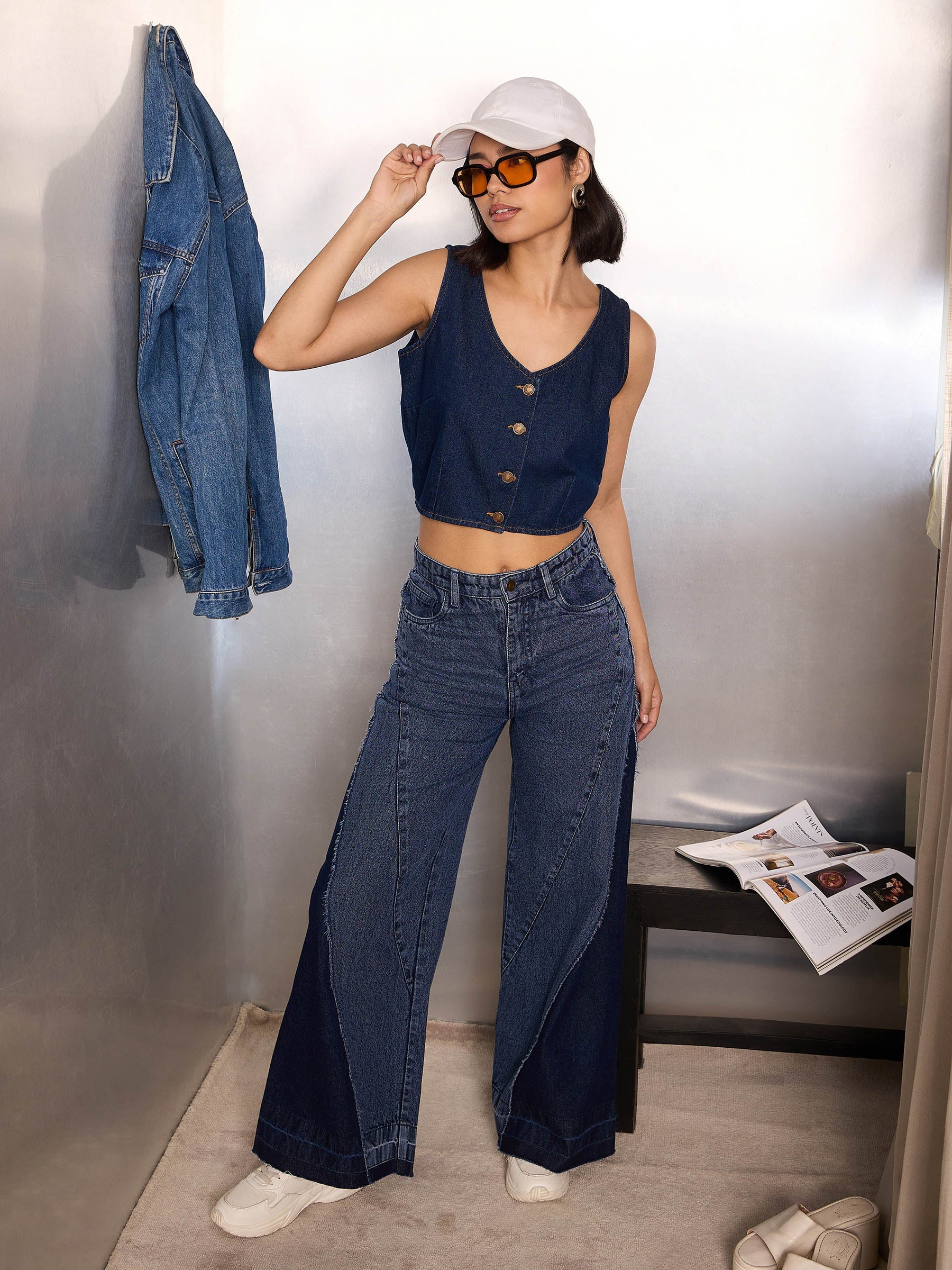 Navy Blue Denim Sleeveless Crop Top-SASSAFRAS