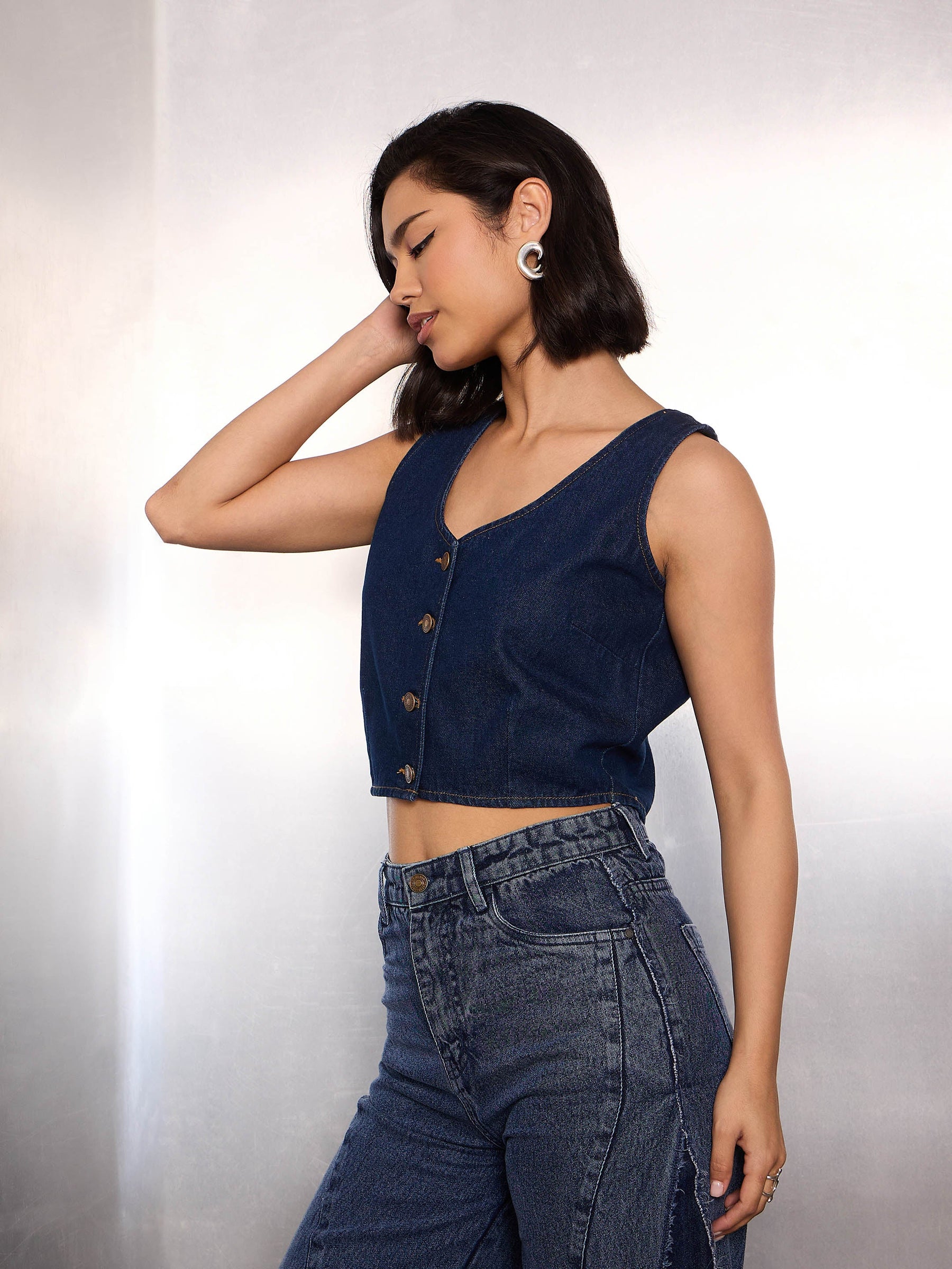 Navy Blue Denim Sleeveless Crop Top-SASSAFRAS