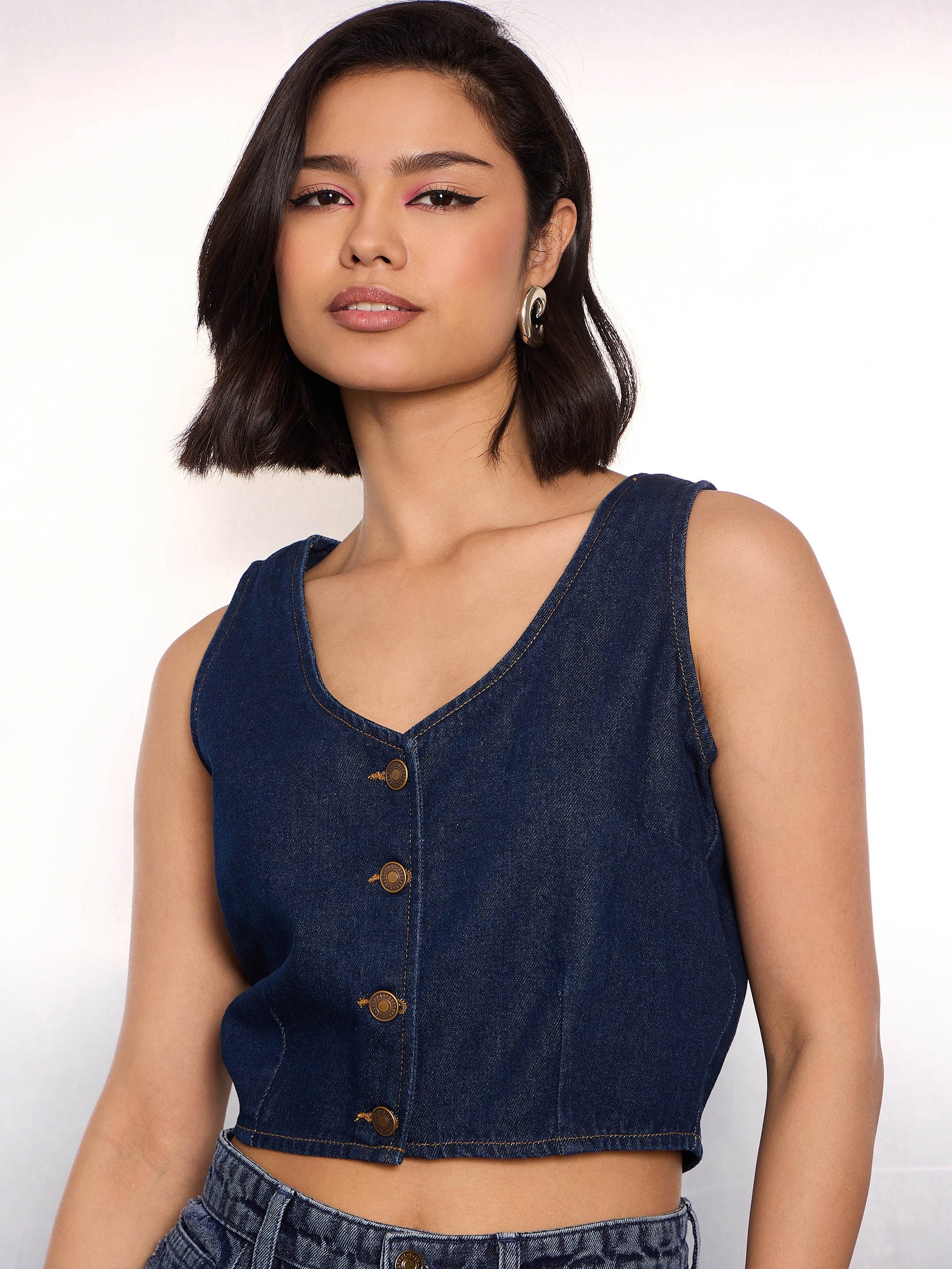 Navy Blue Denim Sleeveless Crop Top-SASSAFRAS