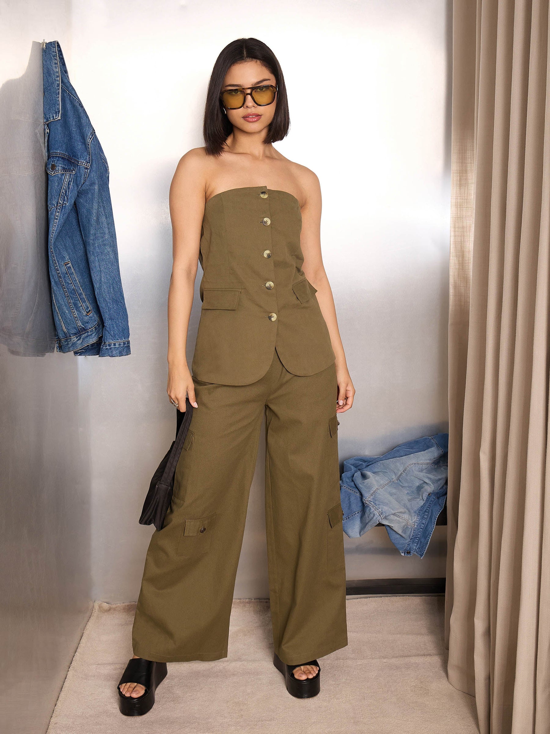 Olive Twill Tube Top-SASSAFRAS