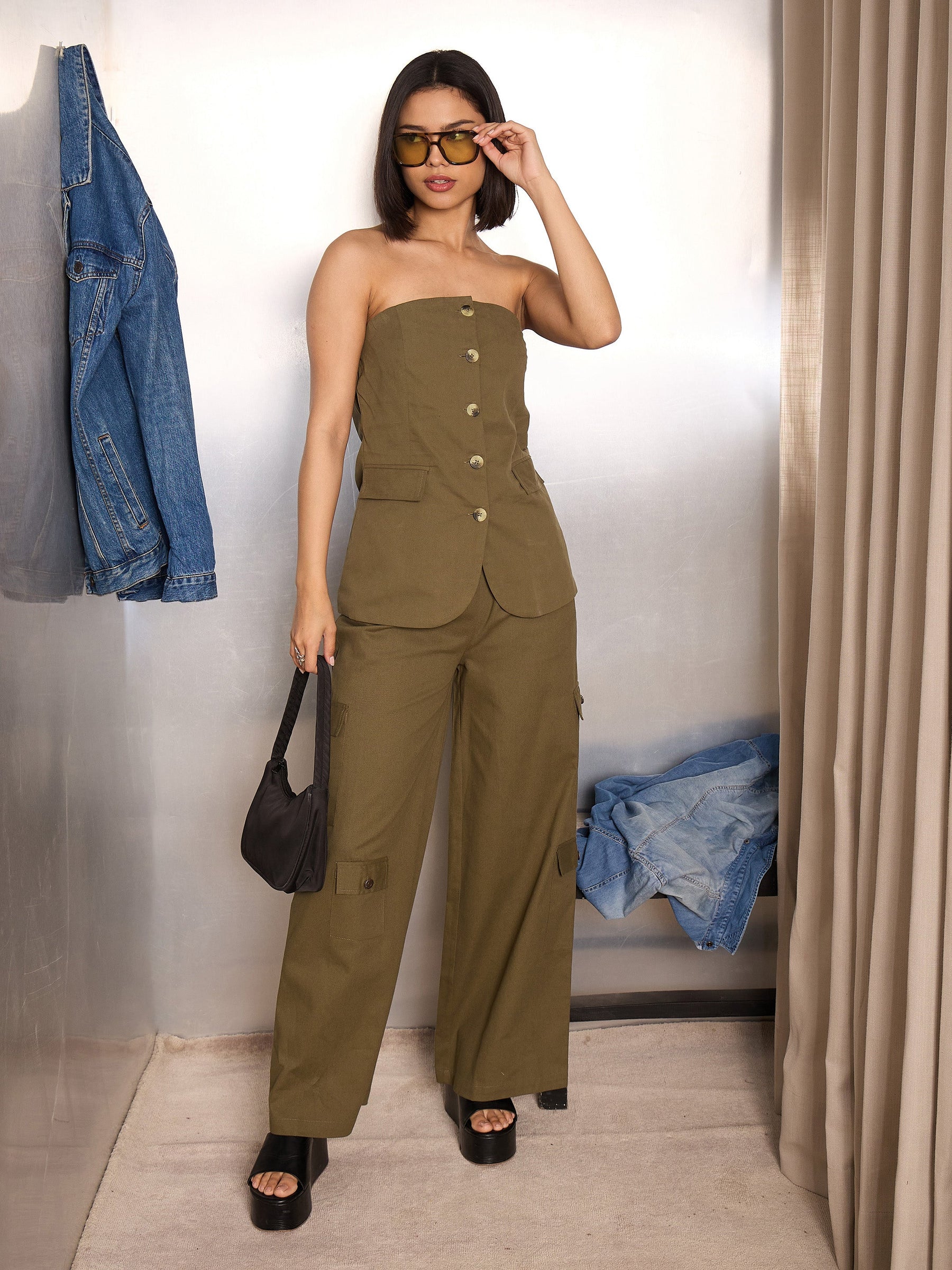 Olive Twill Tube Top With Cargo Pants-SASSAFRAS