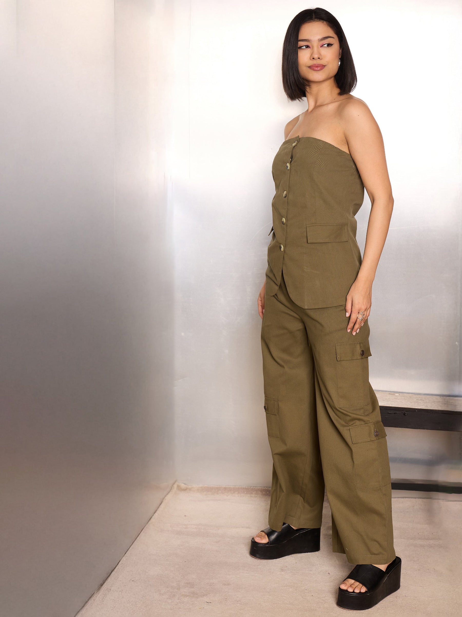 Olive Twill Tube Top With Cargo Pants-SASSAFRAS