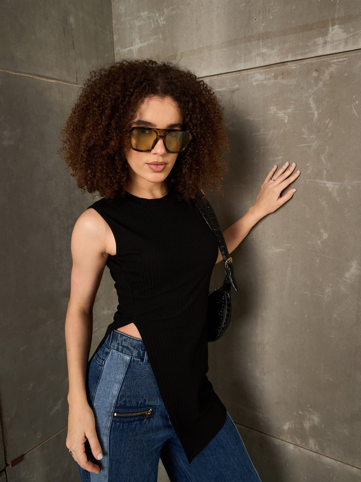 Black Rib Sleeveless Side Slit Top-SASSAFRAS