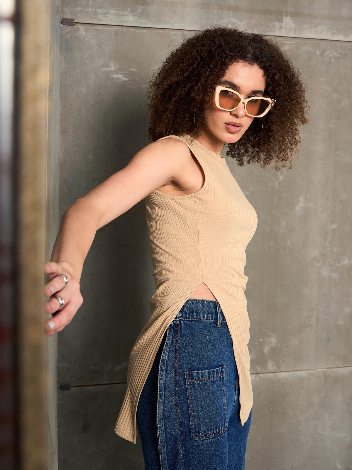 Beige Rib Sleeveless Side Slit Top-SASSAFRAS