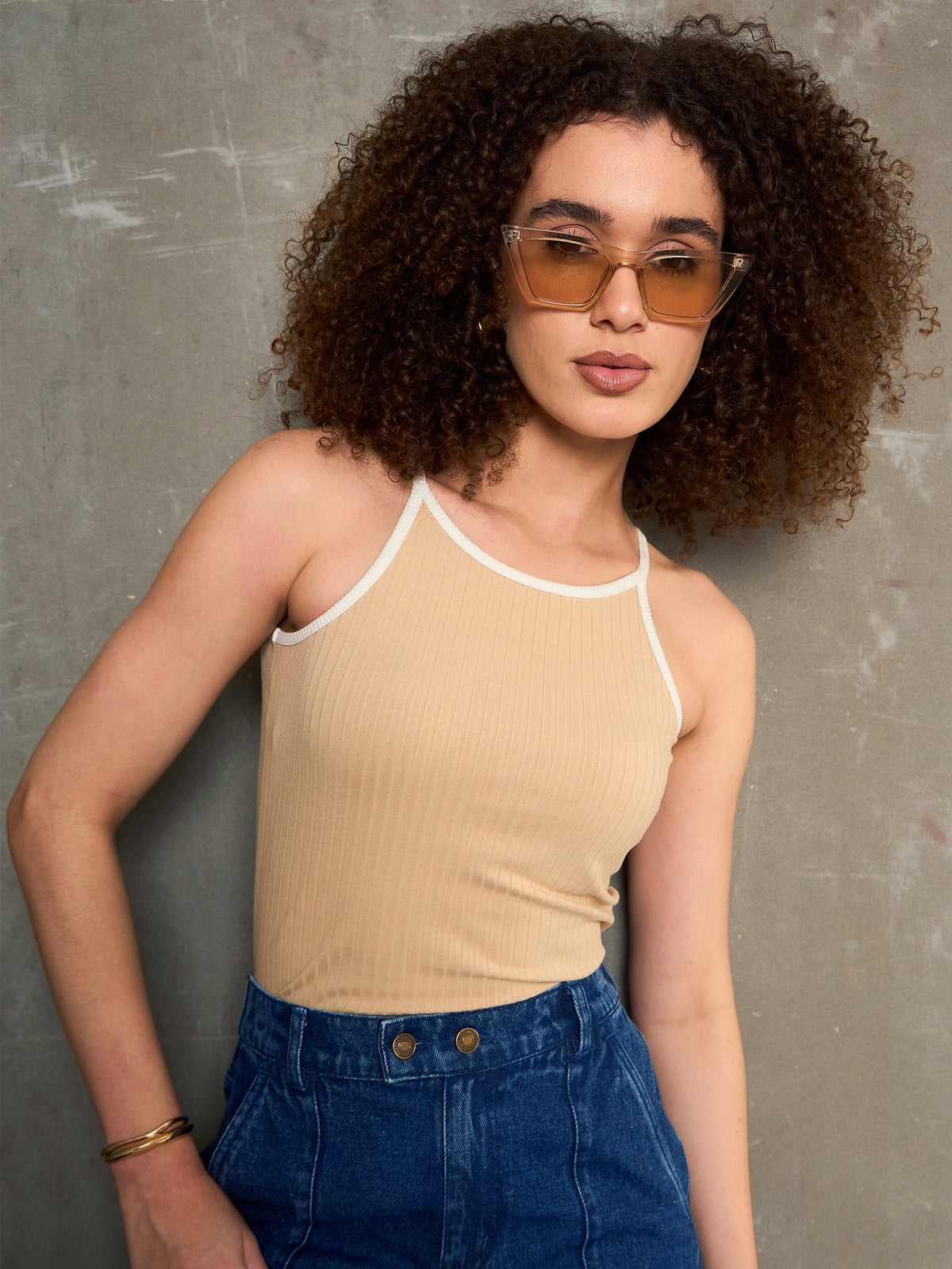 Beige Rib Contrast Piping Strappy Top-SASSAFRAS