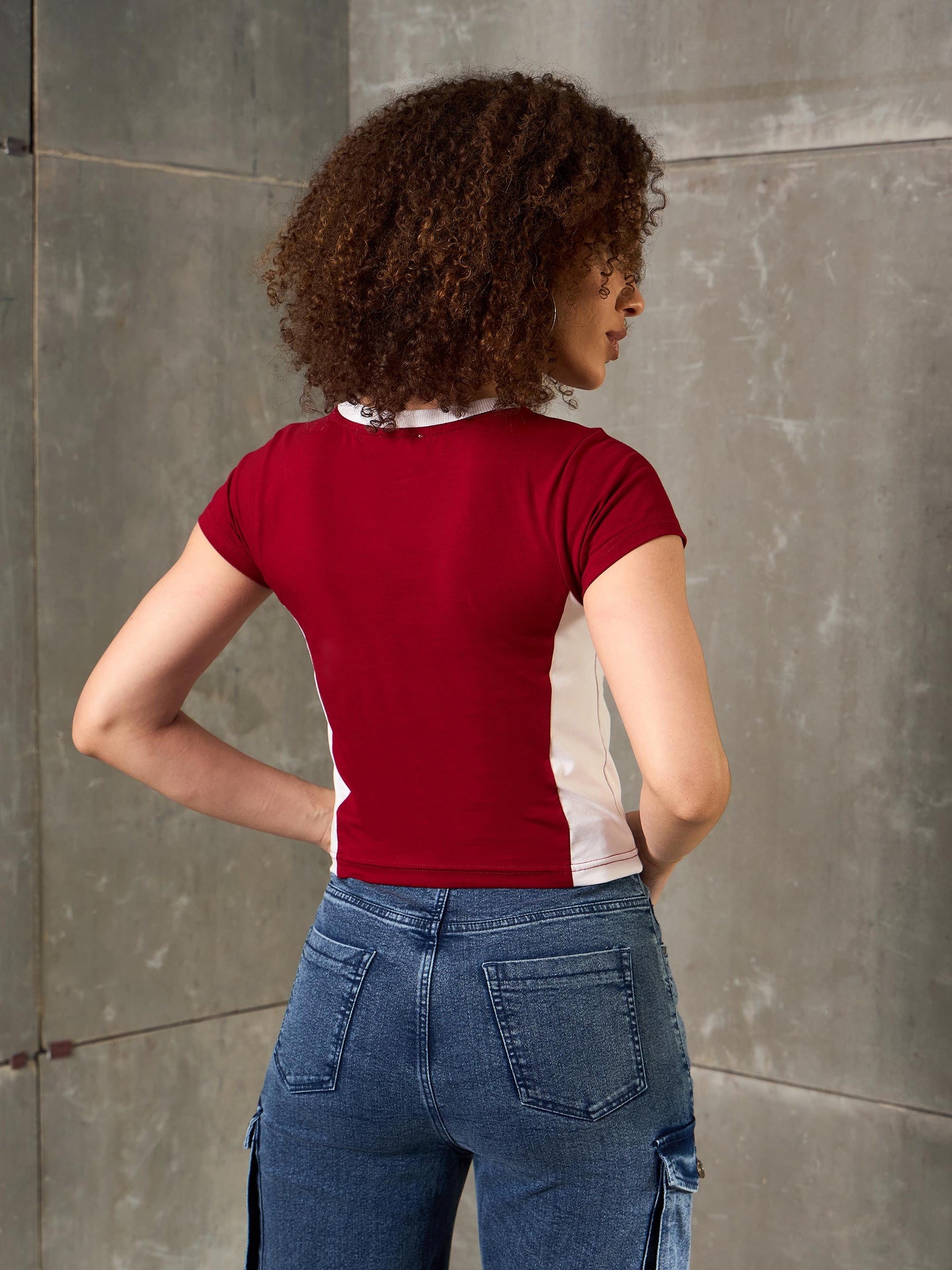 Maroon & White R-Print Fitted T-Shirt-SASSAFRAS