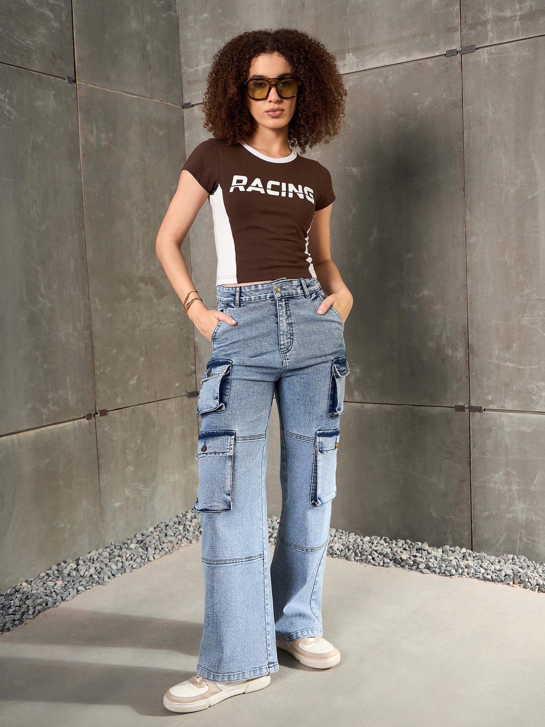 Brown & White RACING Fitted T-Shirt-SASSAFRAS