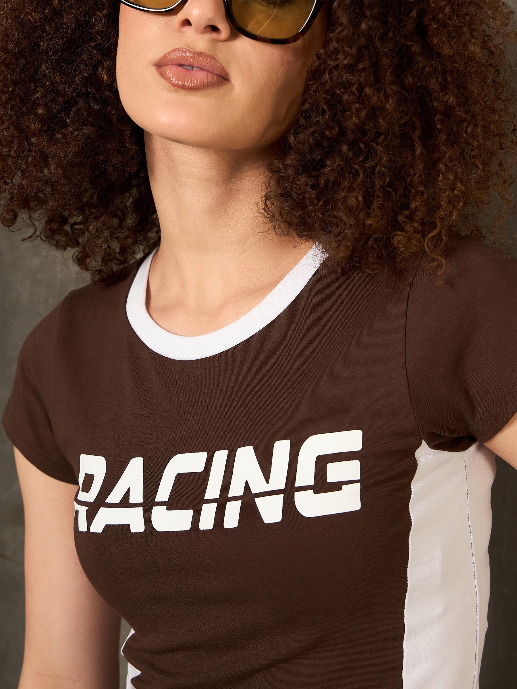 Brown & White RACING Fitted T-Shirt-SASSAFRAS