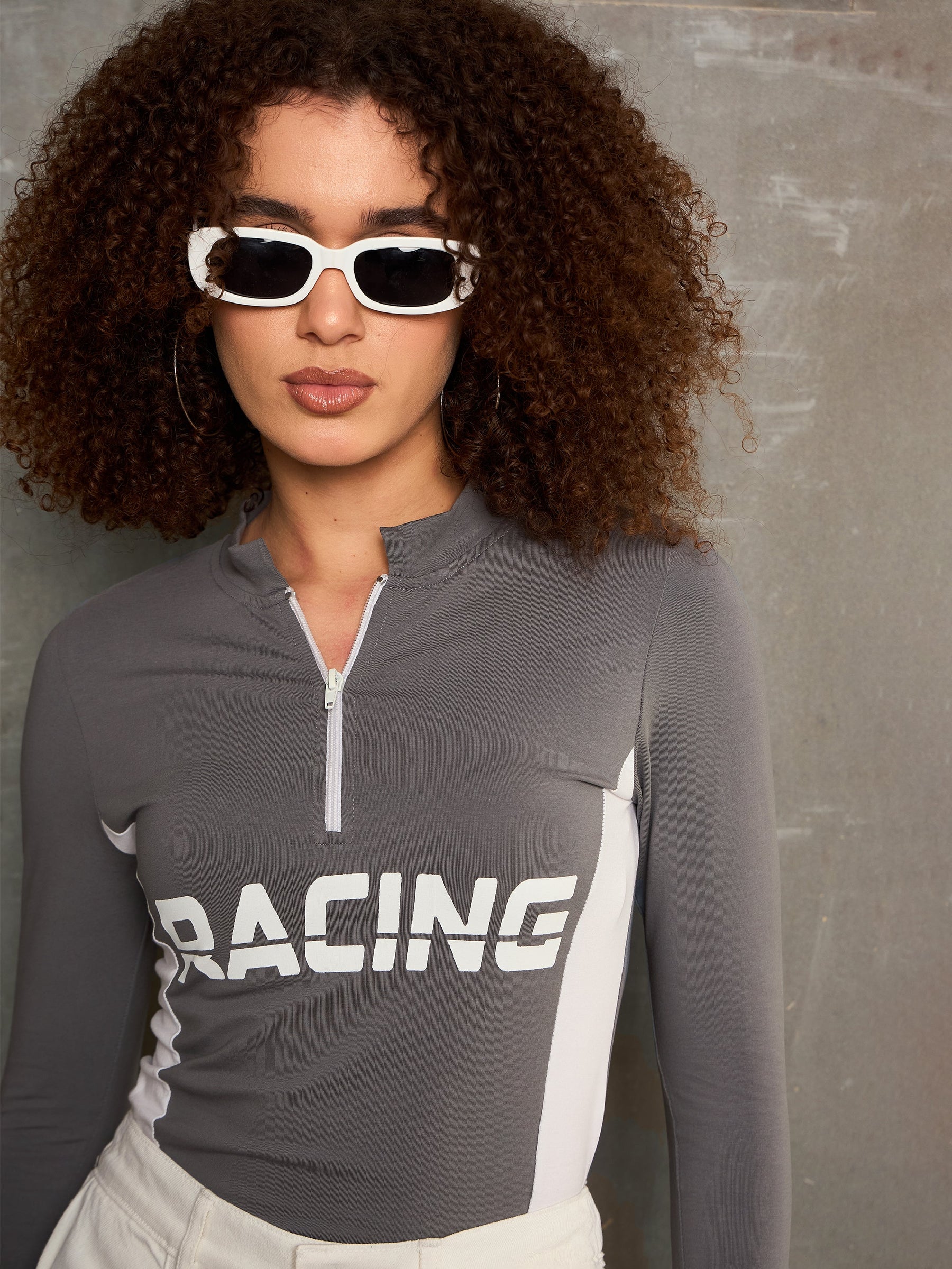 Grey & White RACING High Neck Fitted T-Shirt-SASSAFRAS