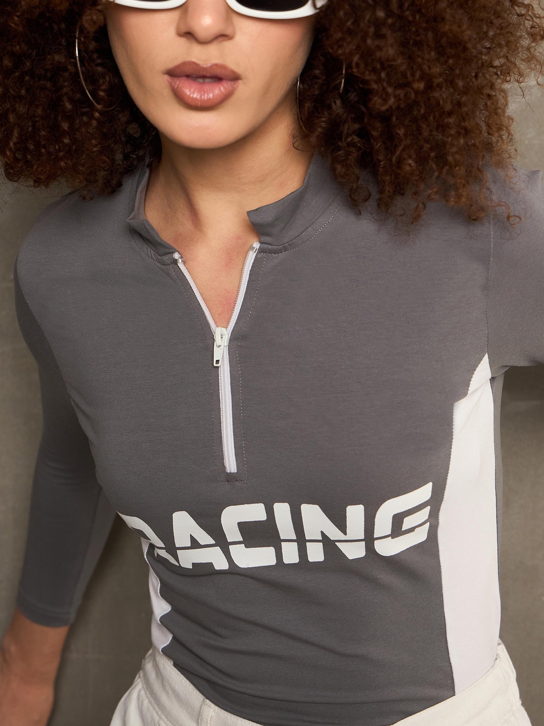 Grey & White RACING High Neck Fitted T-Shirt-SASSAFRAS
