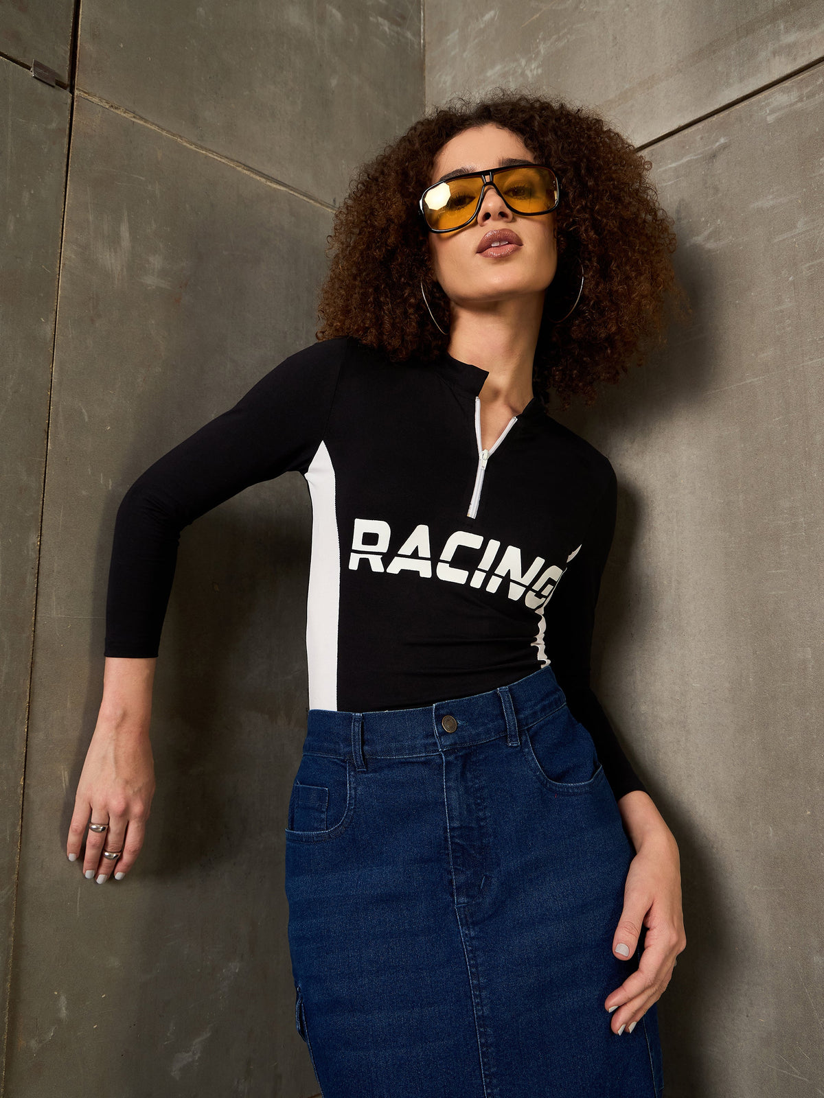 Black & White RACING High Neck Fitted T-Shirt-SASSAFRAS
