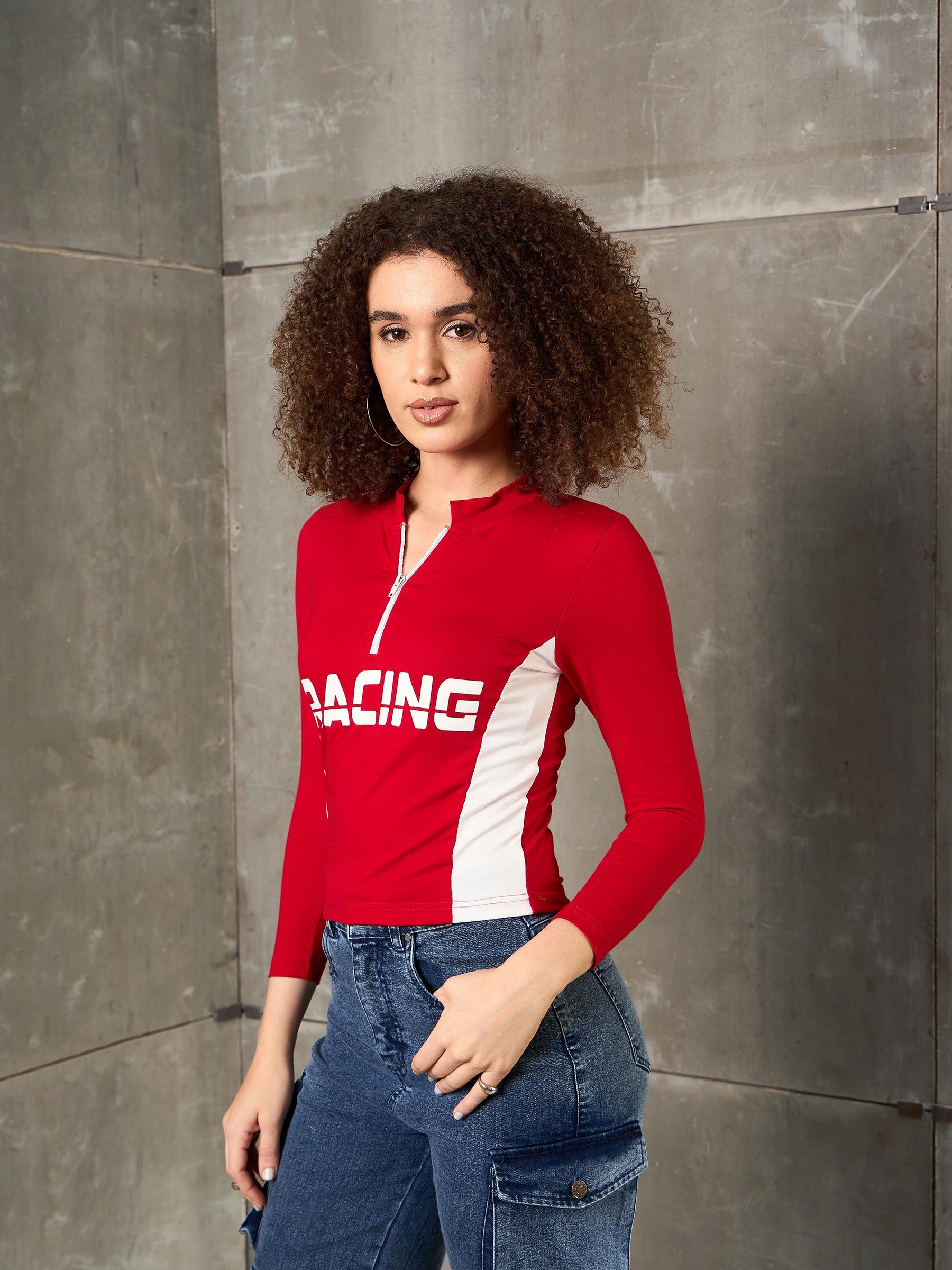 Red & White RACING High Neck Fitted T-Shirt-SASSAFRAS