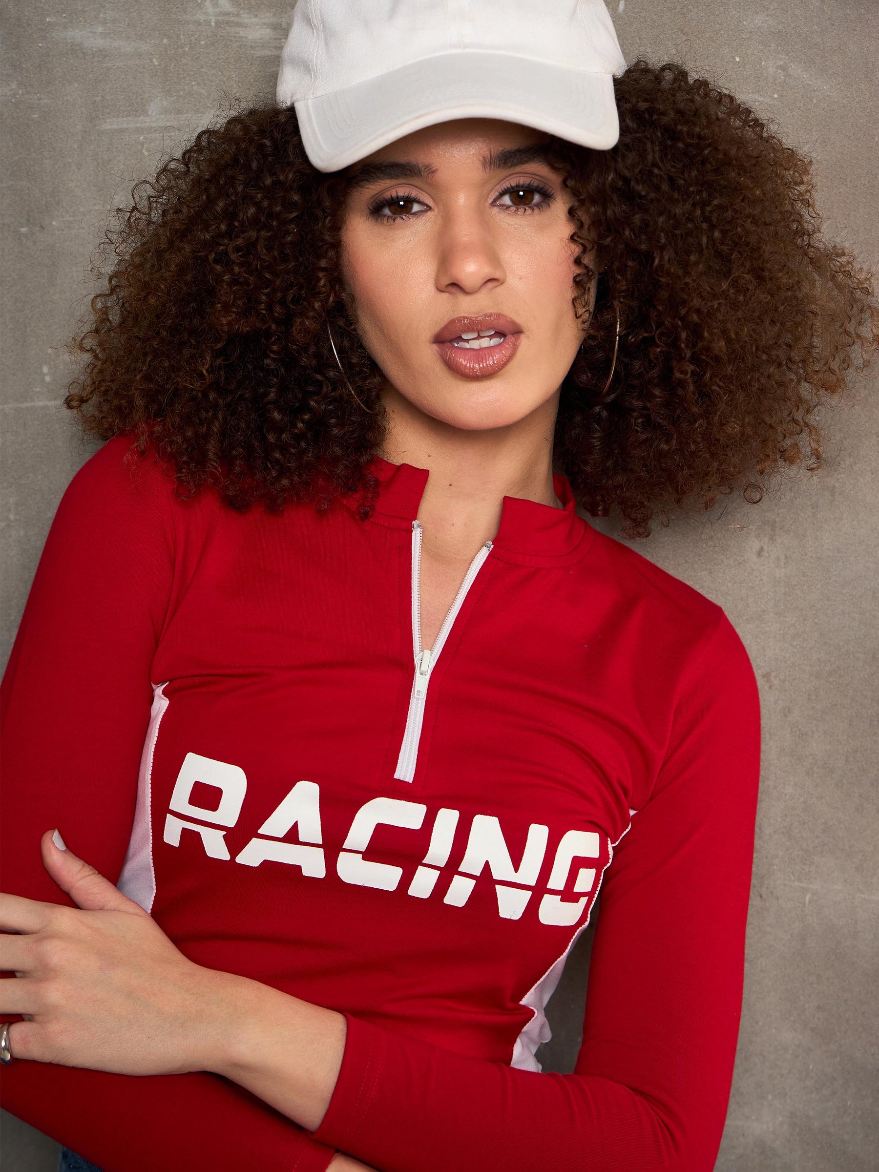 Red & White RACING High Neck Fitted T-Shirt-SASSAFRAS