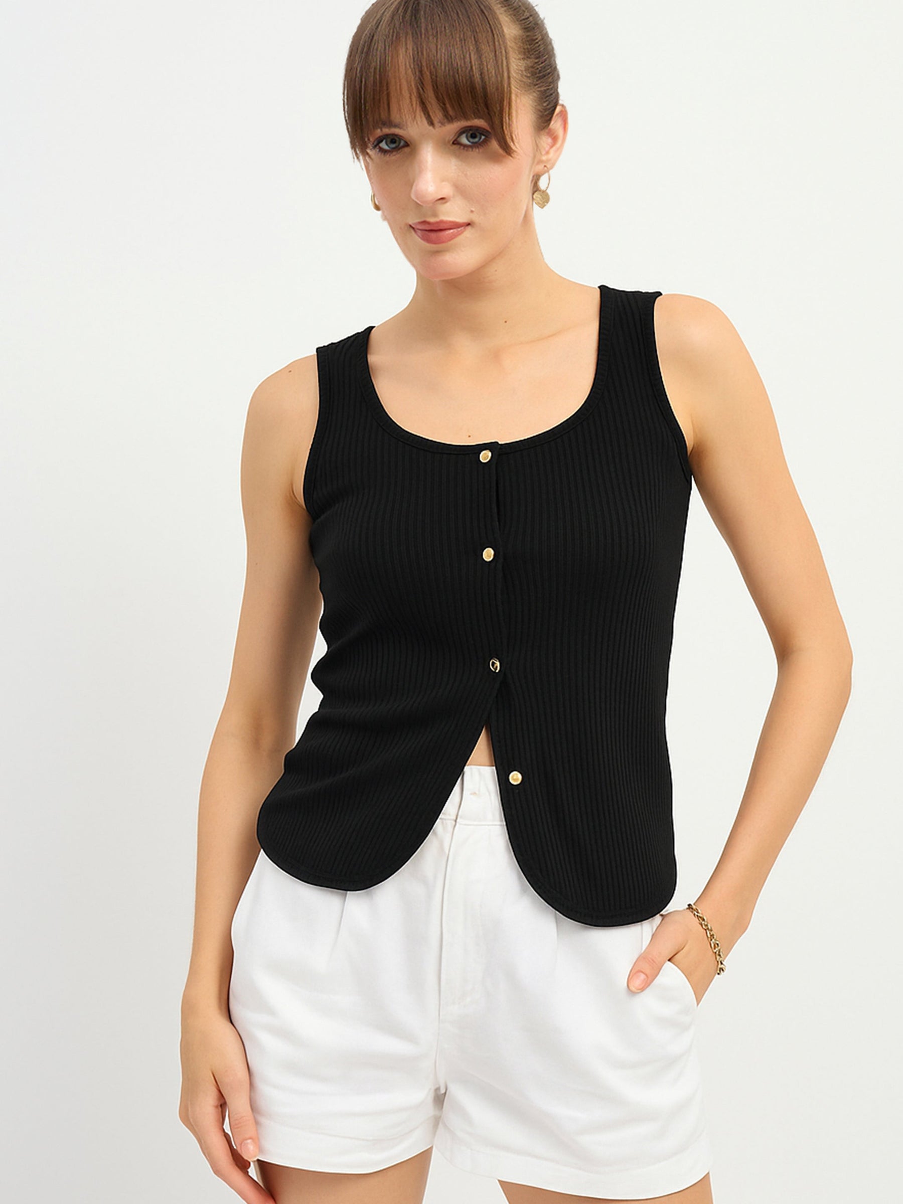 Black Square-Neck Button Down Top-SASSAFRAS