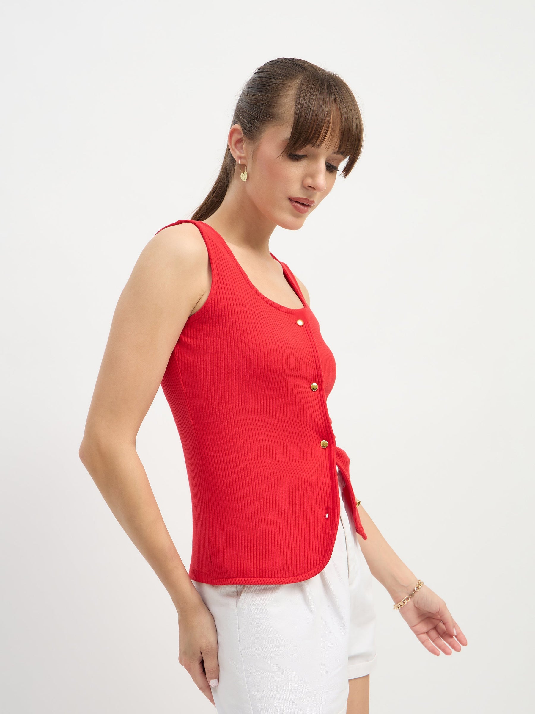 Red Square-Neck Button Down Top-SASSAFRAS