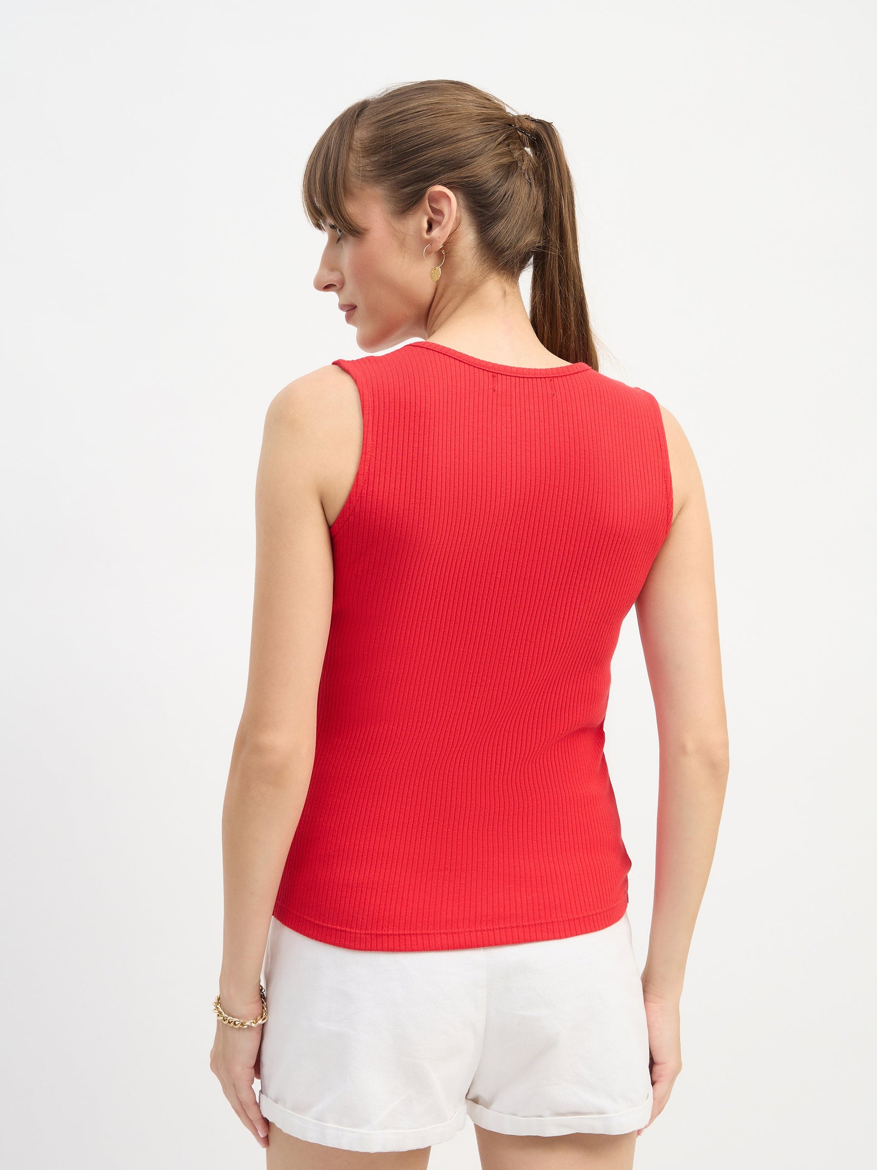 Red Square-Neck Button Down Top-SASSAFRAS