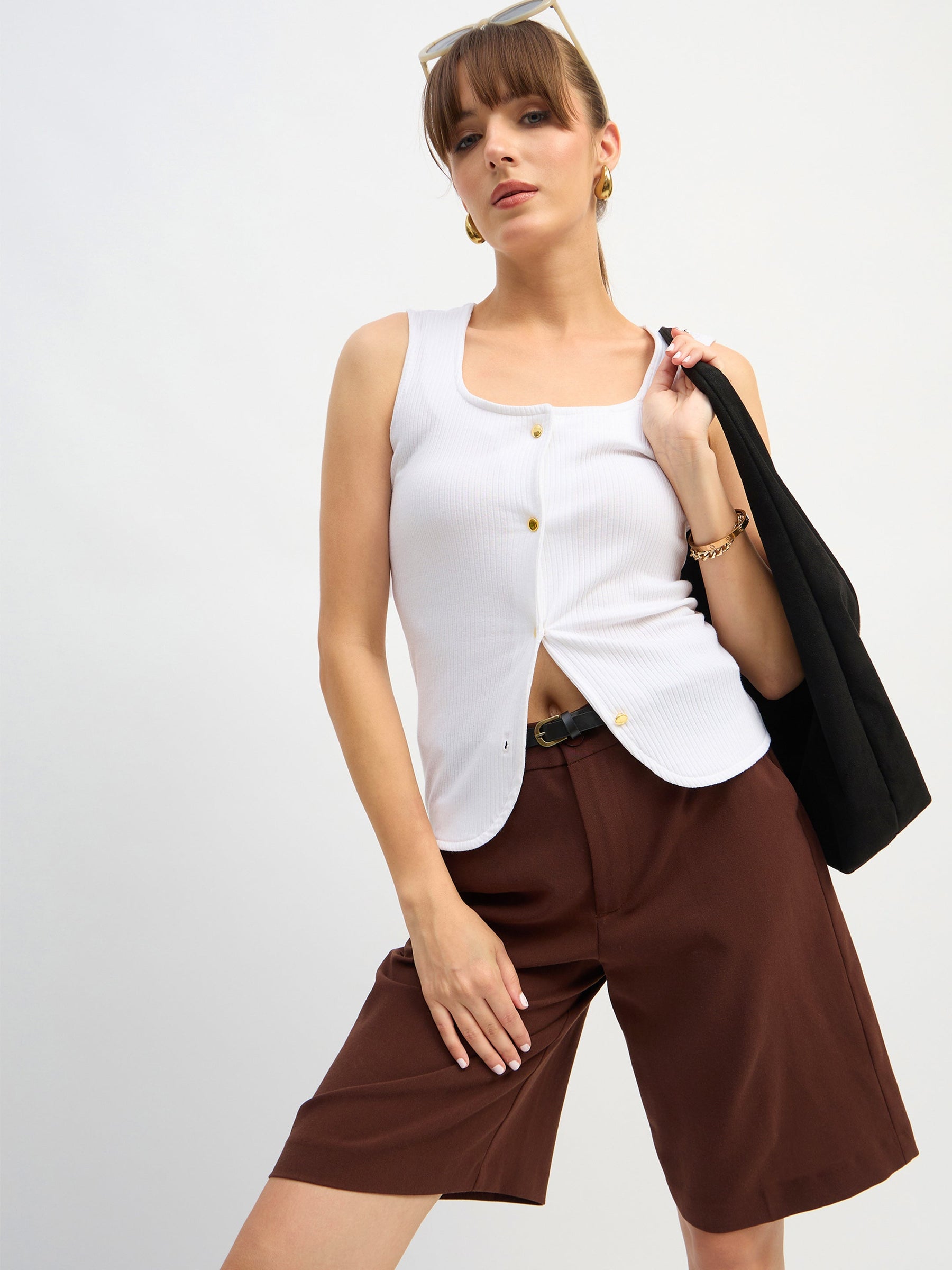 White Square-Neck Button Down Top-SASSAFRAS