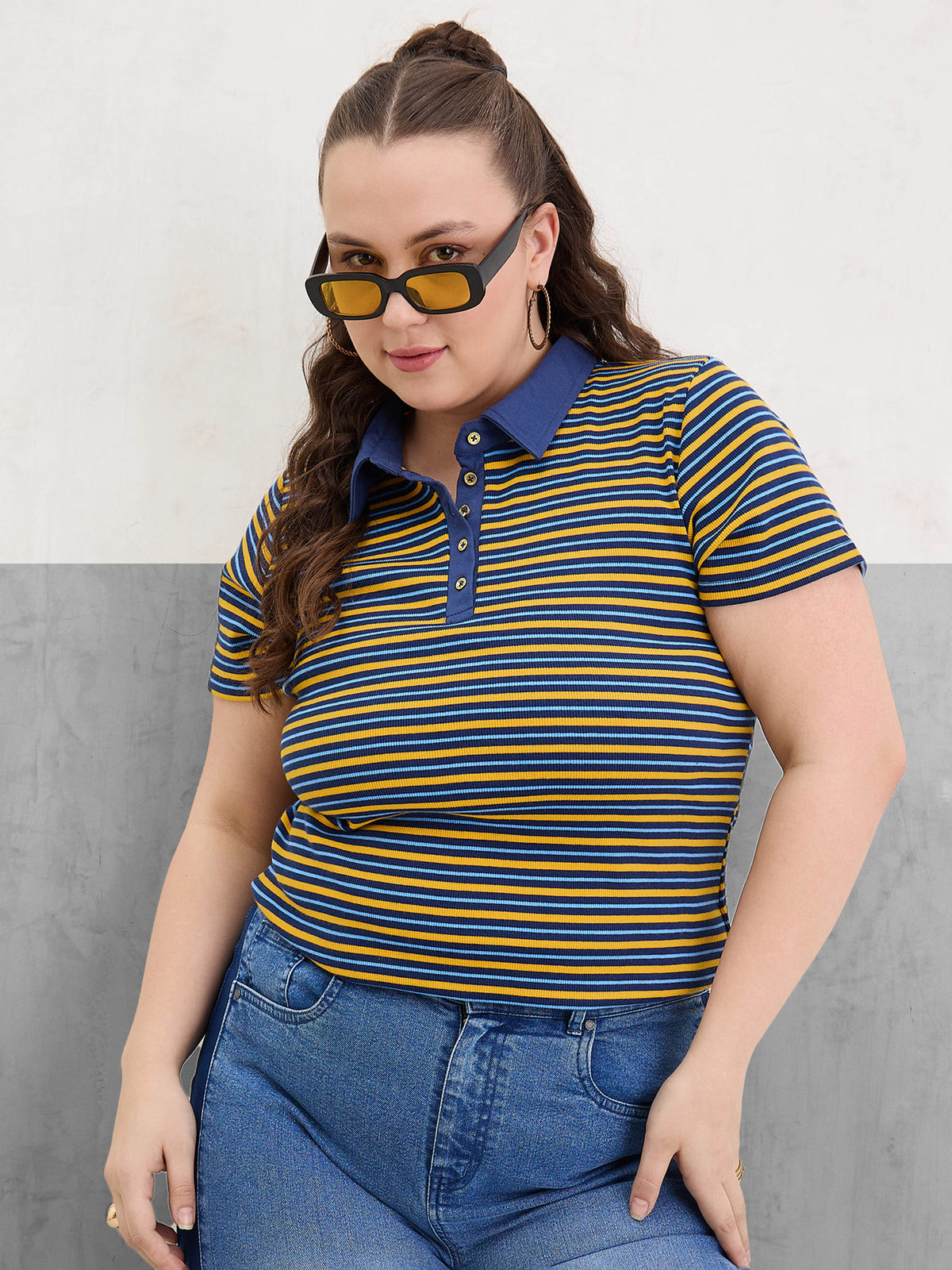 Yellow & Navy Rib Stripe Polo Neck Top-SASSAFRAS Curve