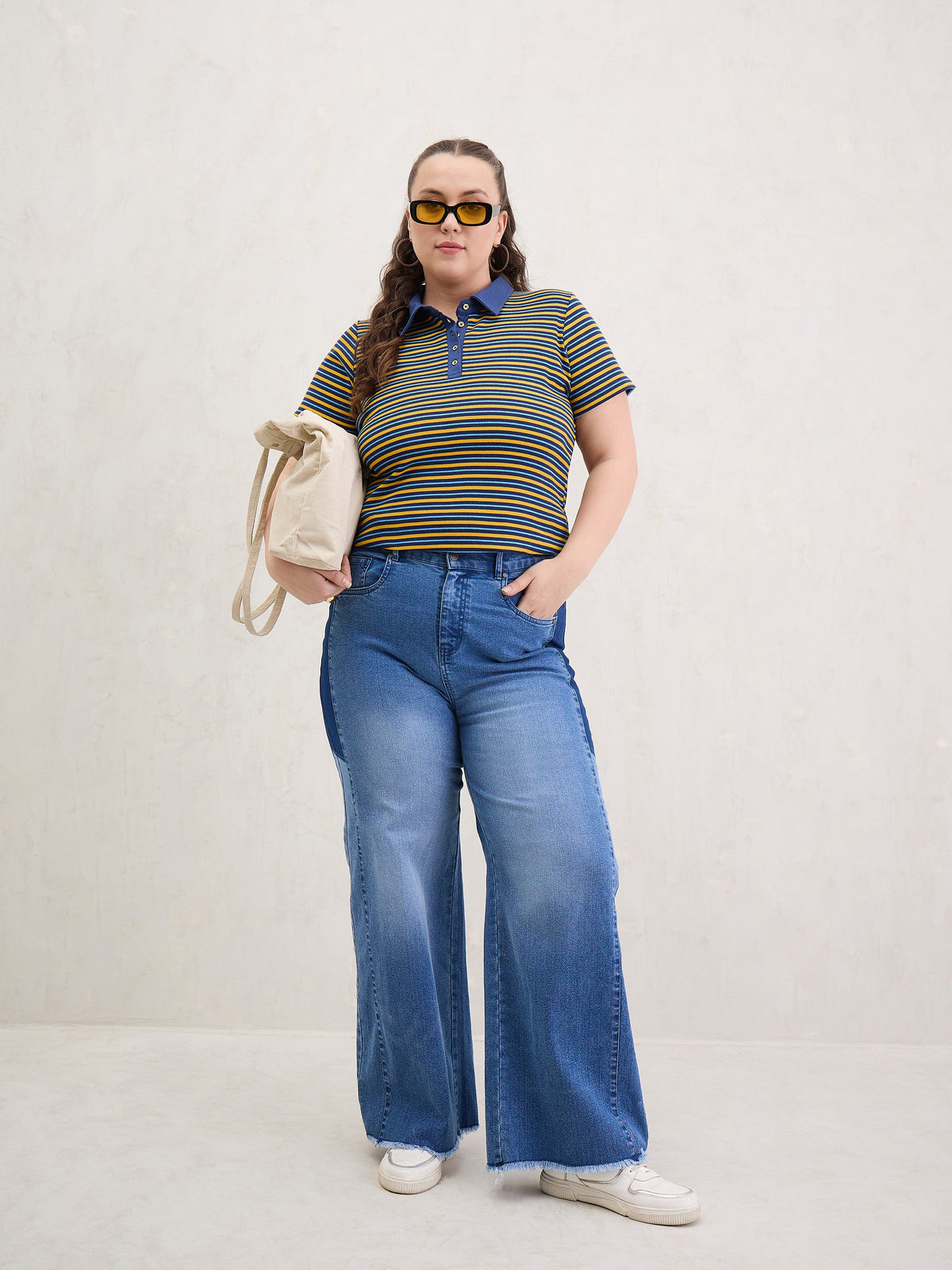 Yellow & Navy Rib Stripe Polo Neck Top-SASSAFRAS Curve
