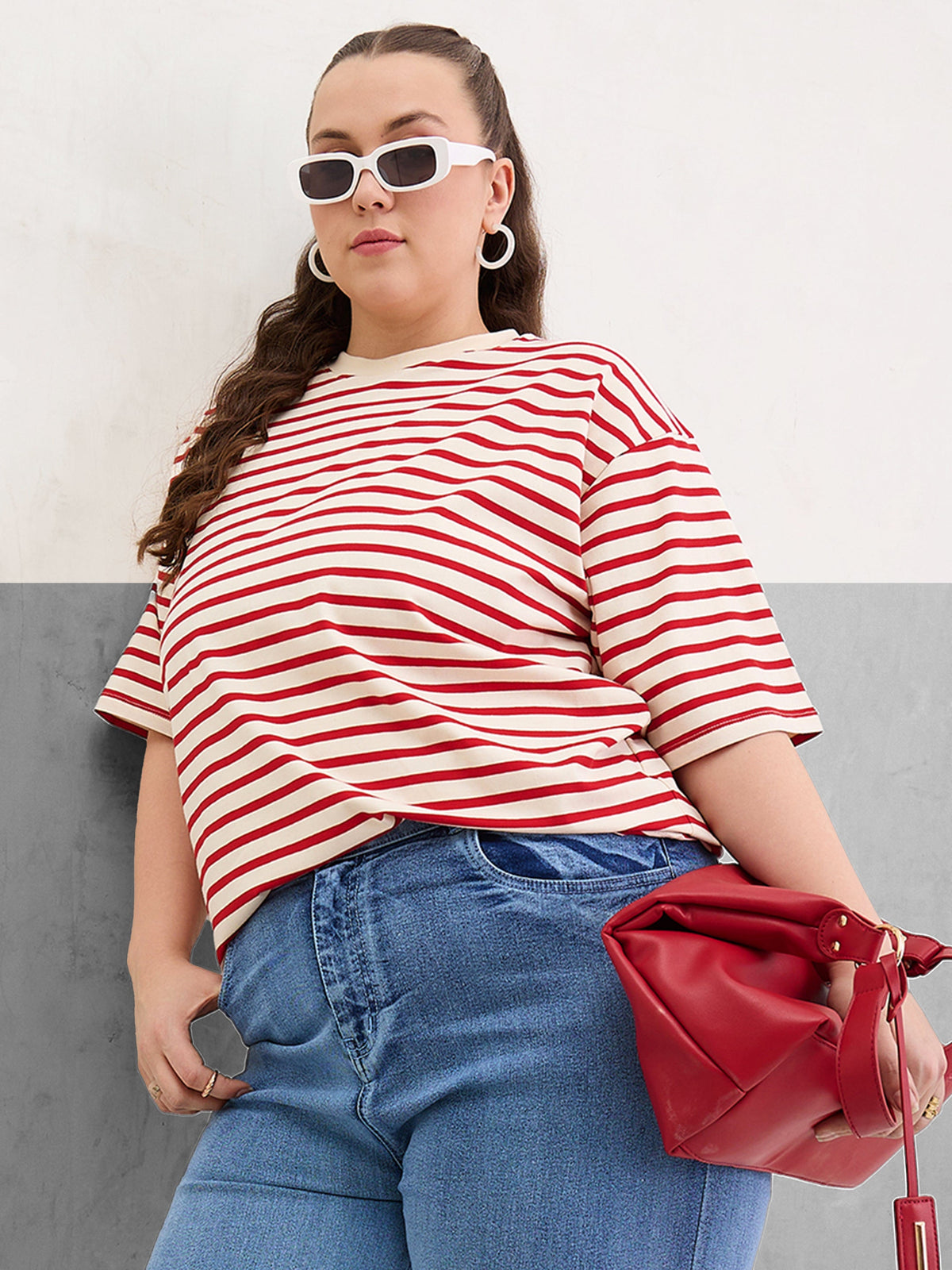 Red & Off White Stripe Round Neck T-Shirt-SASSAFRAS Curve
