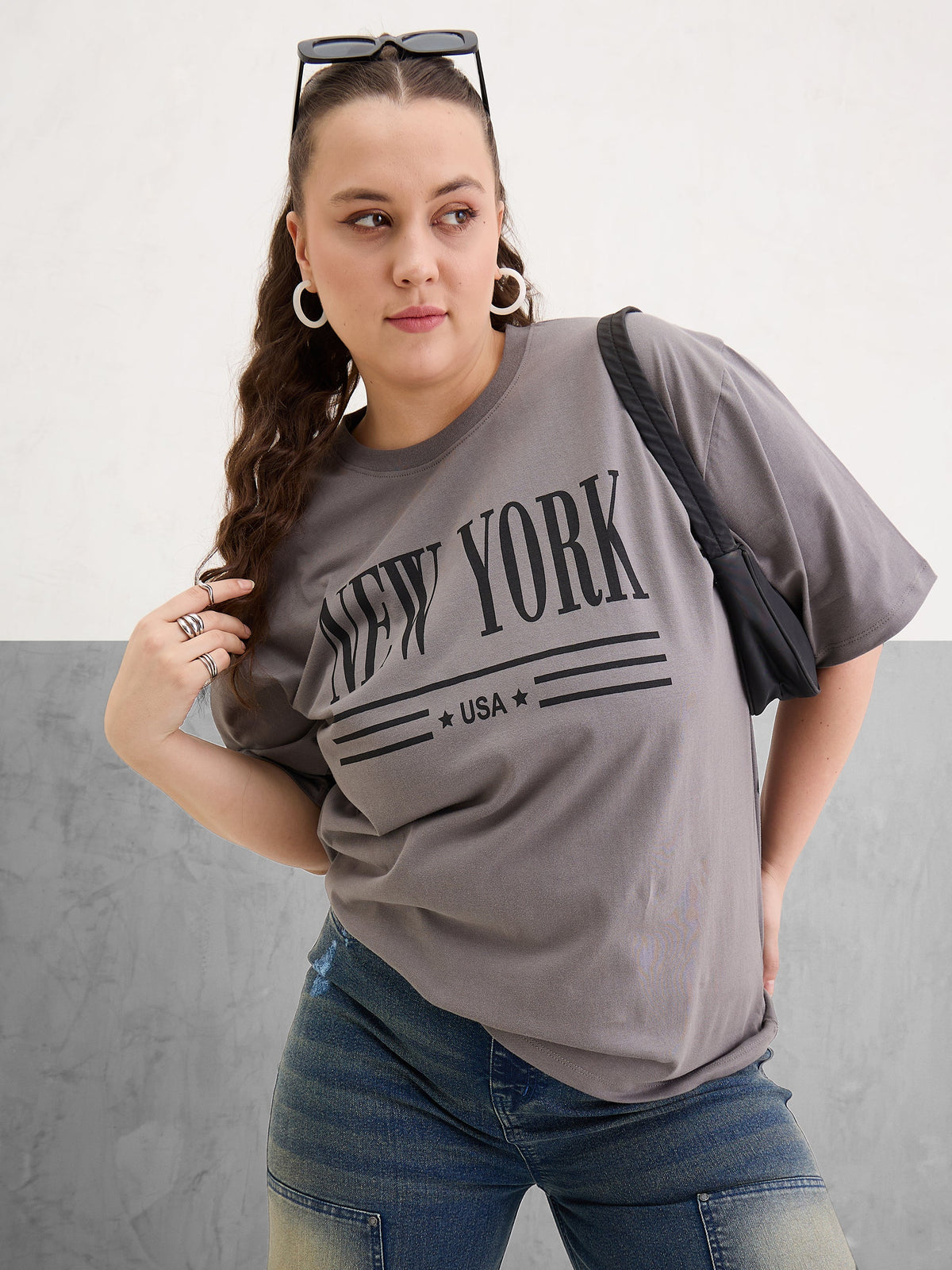 Grey Graphic NEW YORK Print T-Shirt-SASSAFRAS Curve