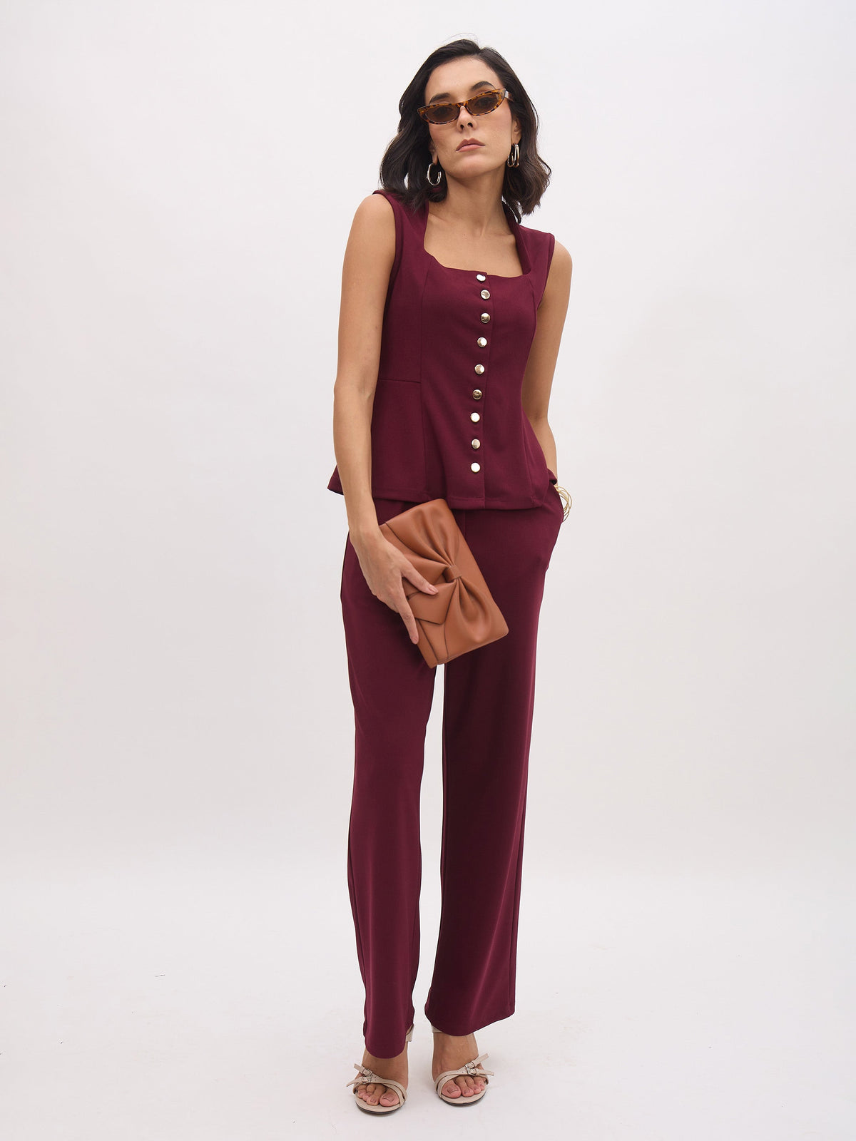 Burgundy Rhombus Neck Sleeveless Front Button Top-SASSAFRAS worklyf
