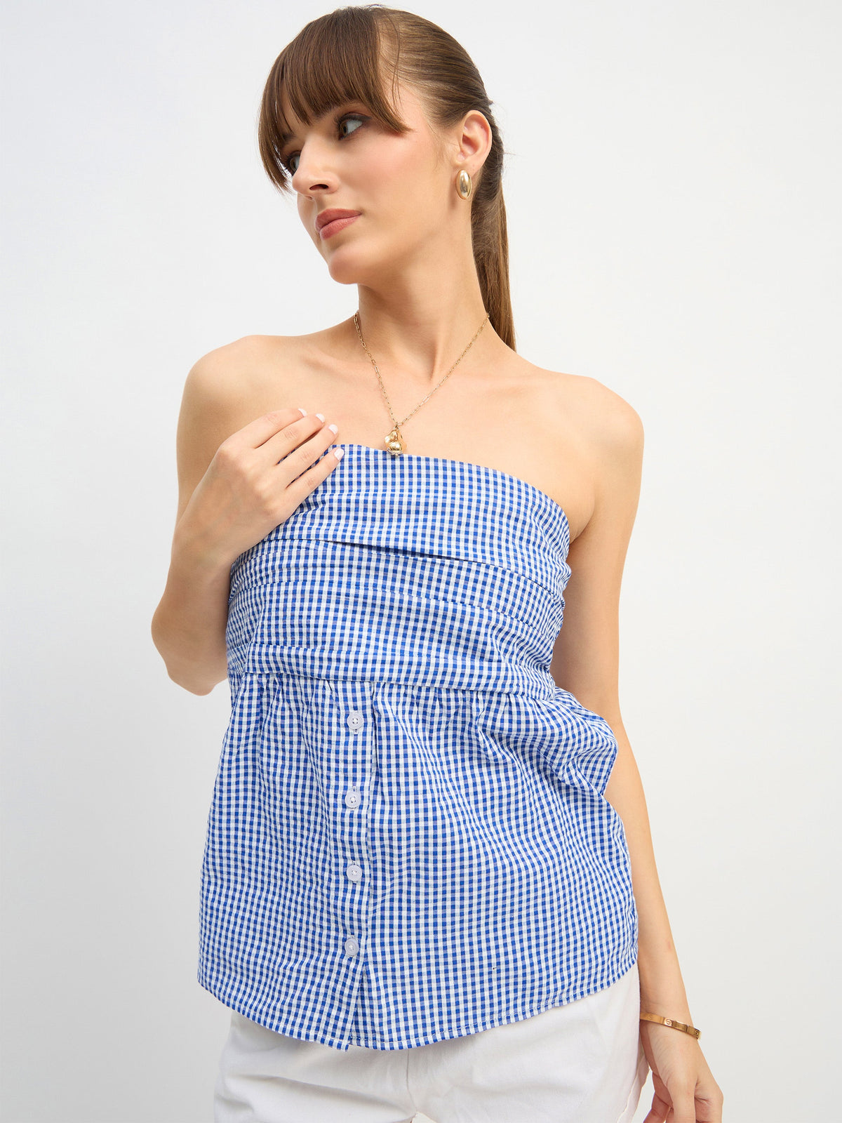 Blue & White Check Smoked Back Tube Top-SASSAFRAS