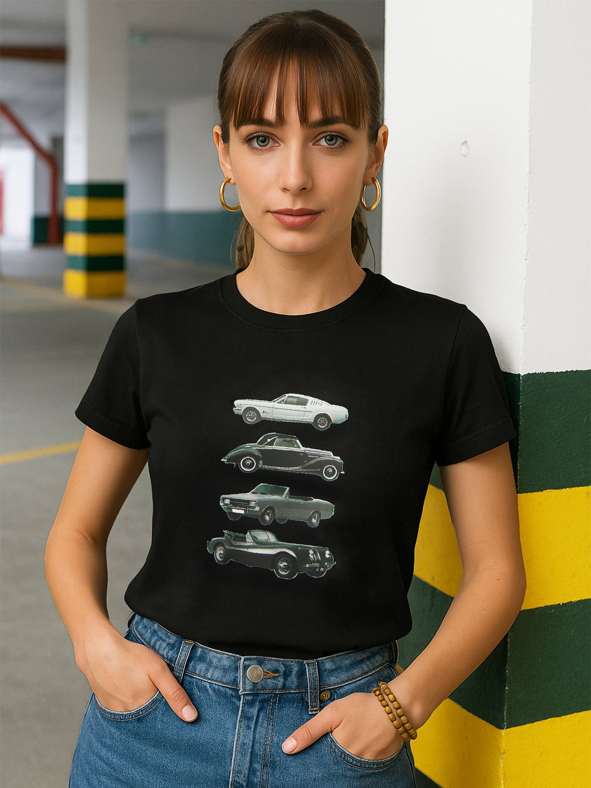 Black CAR Print Lycra T-Shirt-SASSAFRAS