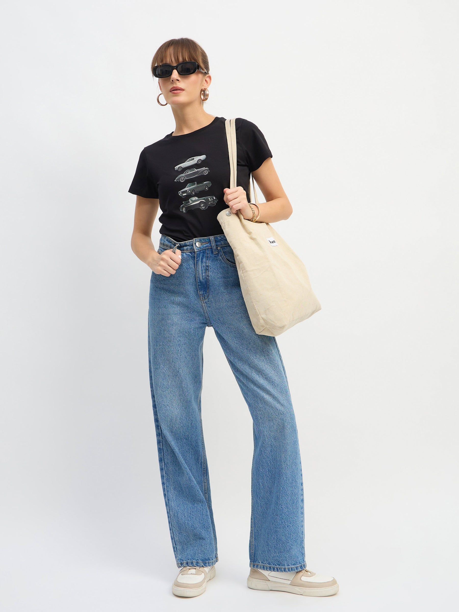 Black CAR Print Lycra T-Shirt-SASSAFRAS