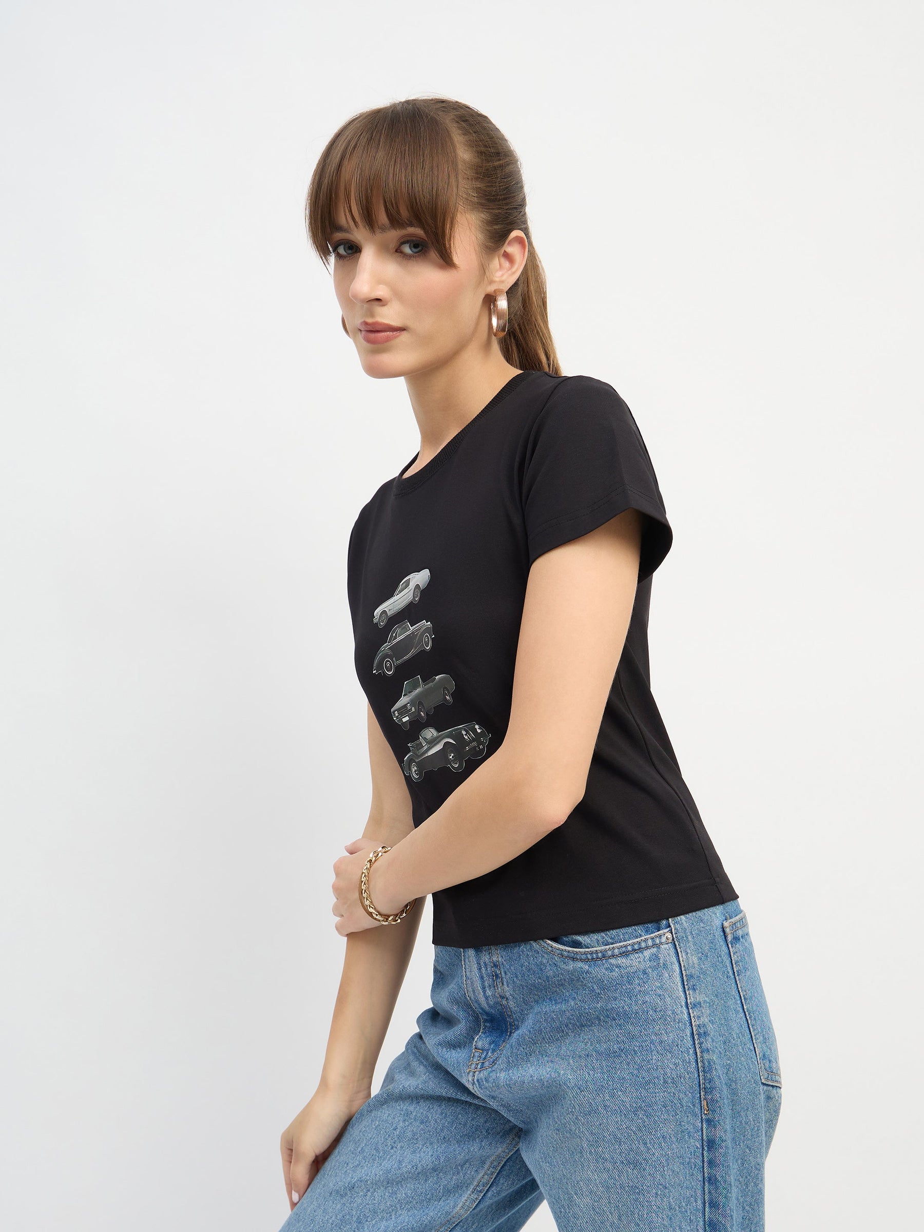 Black CAR Print Lycra T-Shirt-SASSAFRAS