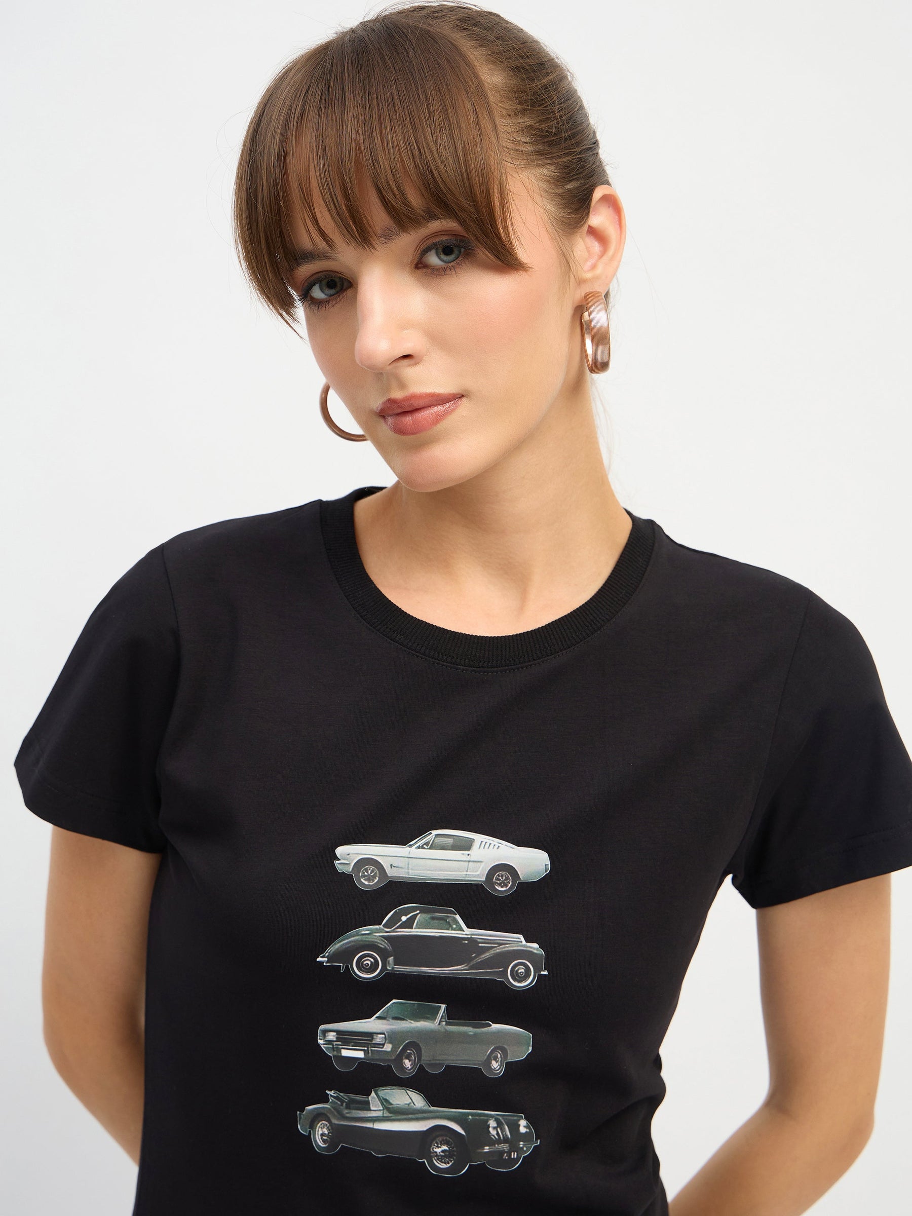Black CAR Print Lycra T-Shirt-SASSAFRAS