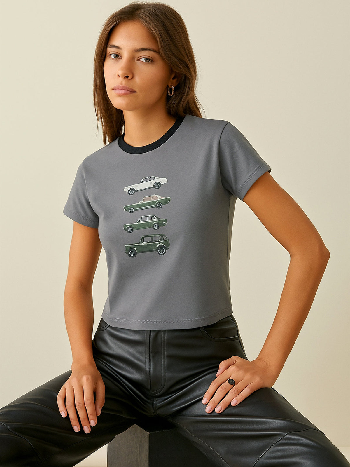 Grey CAR Print Lycra T-Shirt-SASSAFRAS