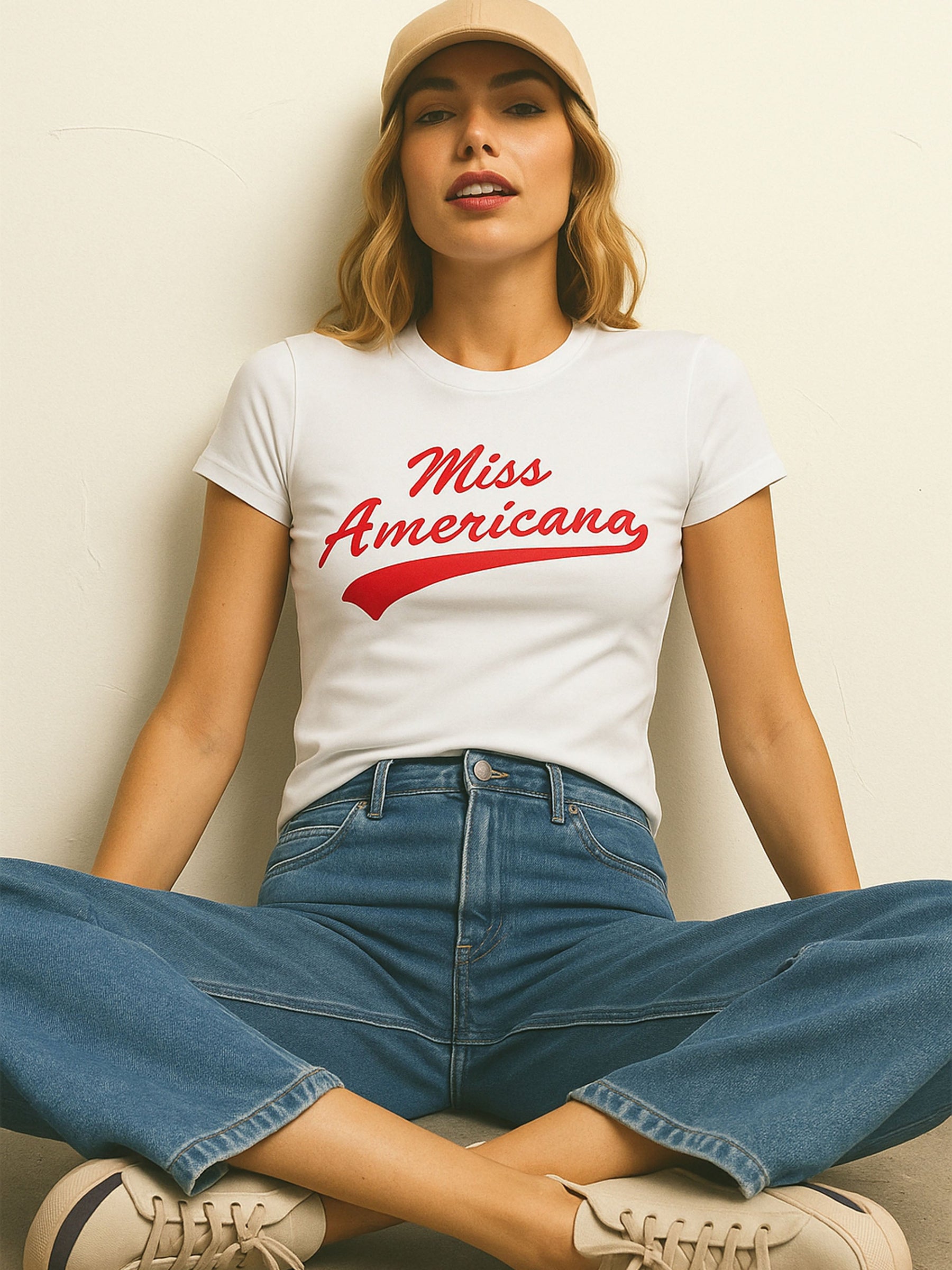 White AMERICANA Print Lycra T-Shirt-SASSAFRAS