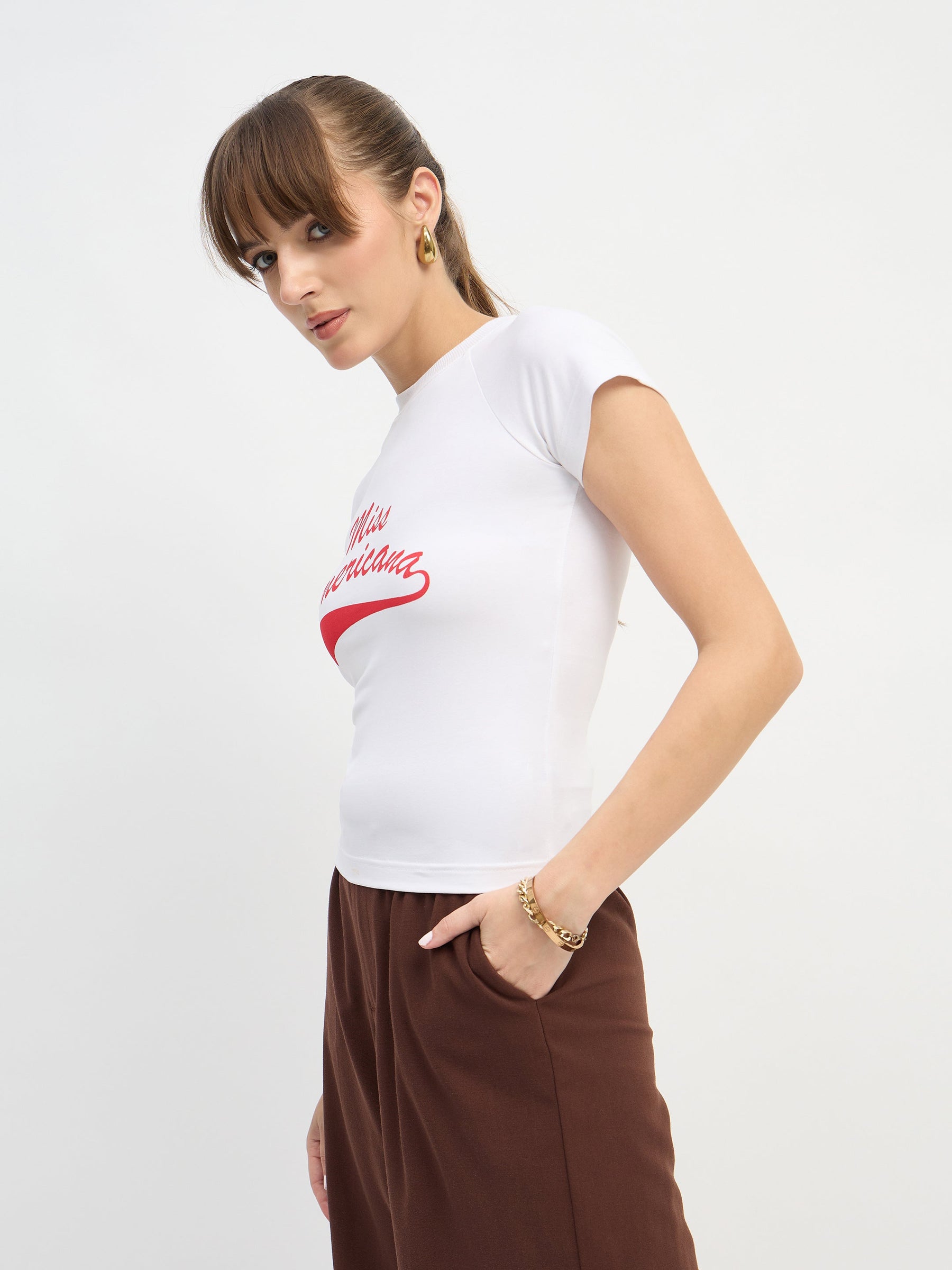 White AMERICANA Print Lycra T-Shirt-SASSAFRAS