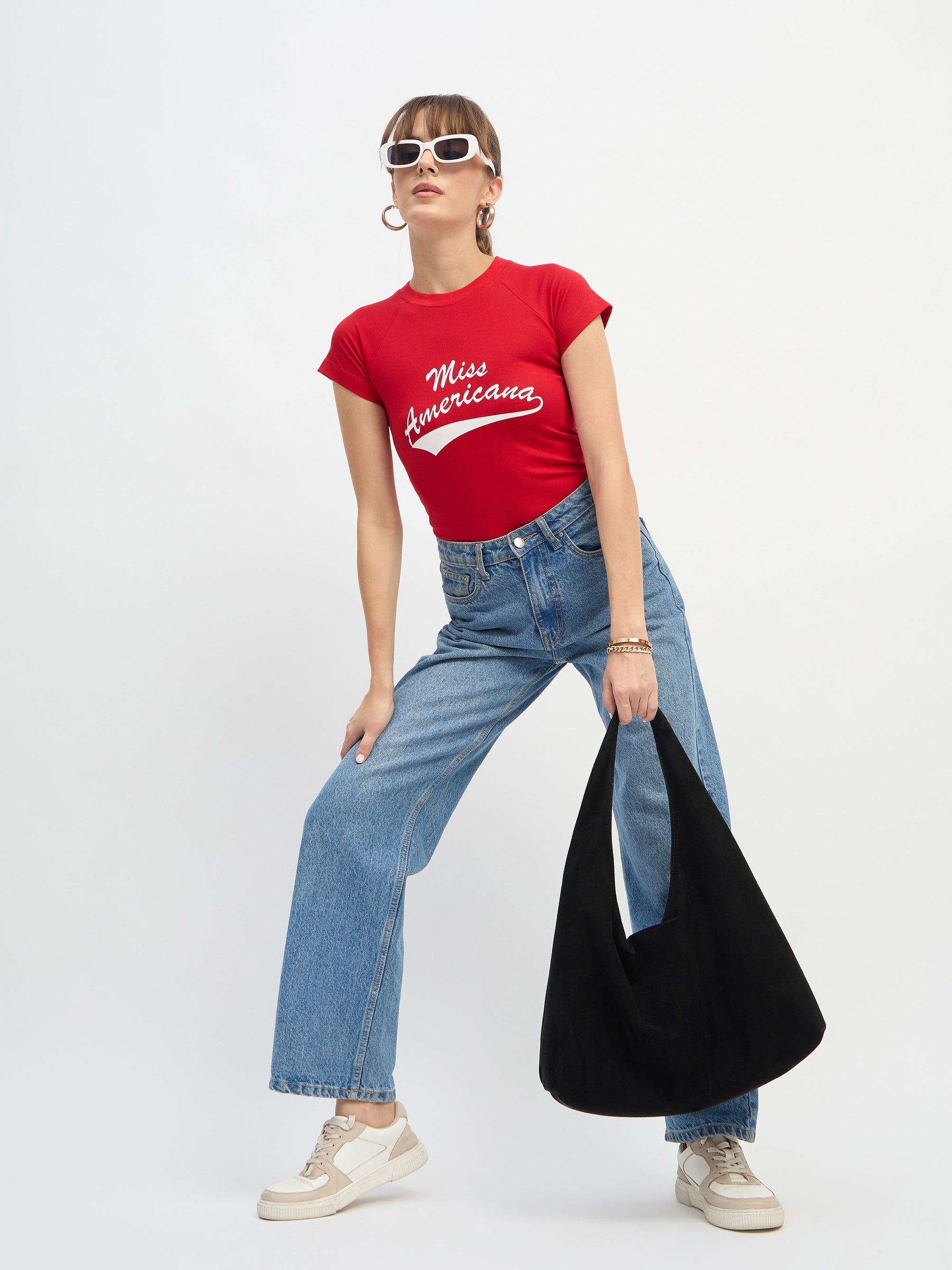 Red AMERICANA Print Lycra T-Shirt-SASSAFRAS